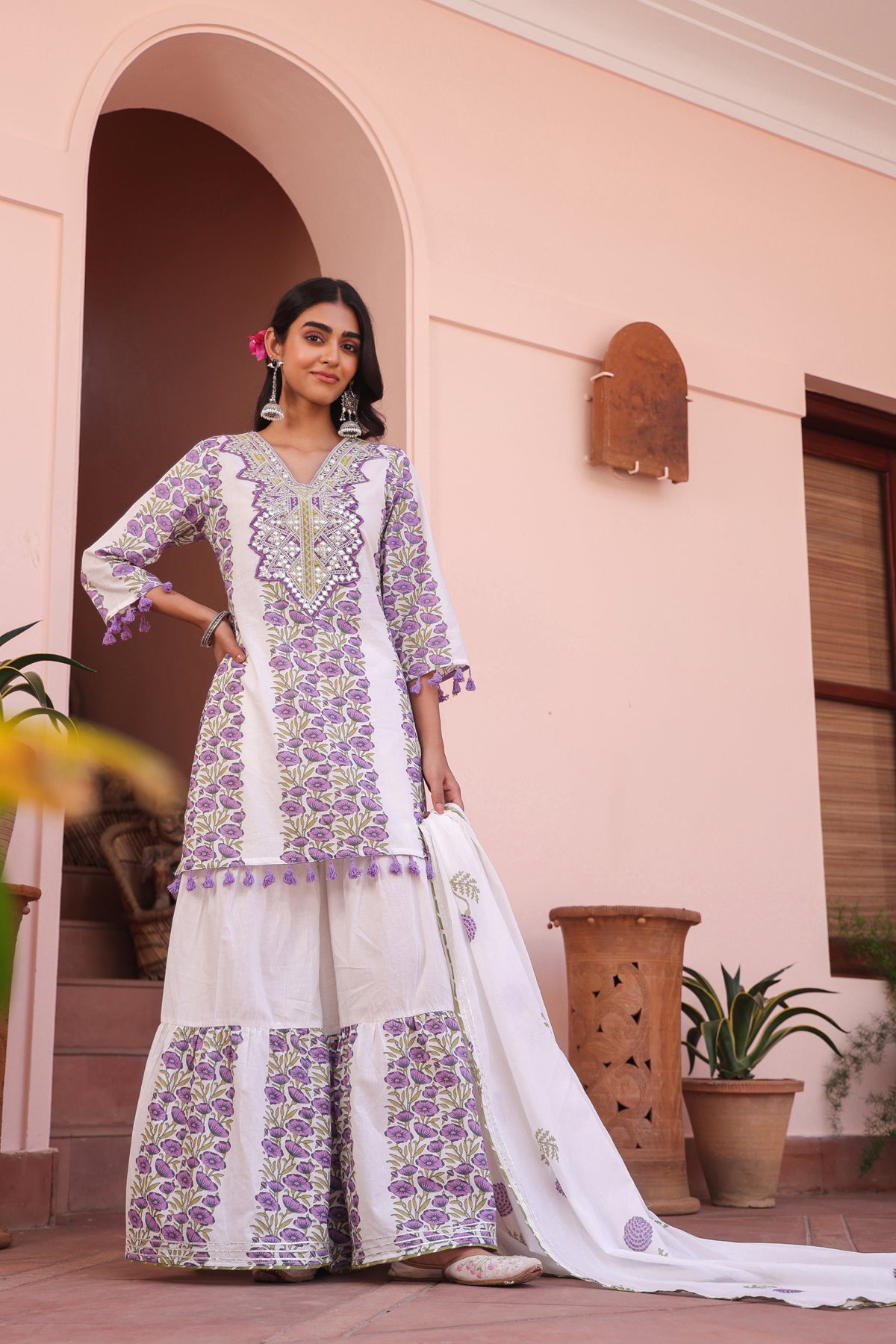 Purple Cotton Block-Printed Embroidered Sharara Set