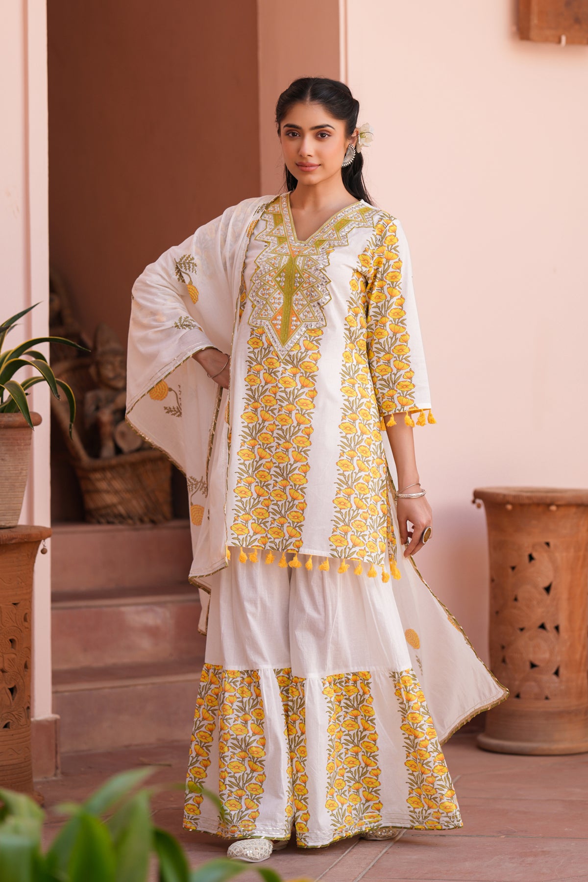 Yellow Cotton Block-Printed Embroidered Sharara Set