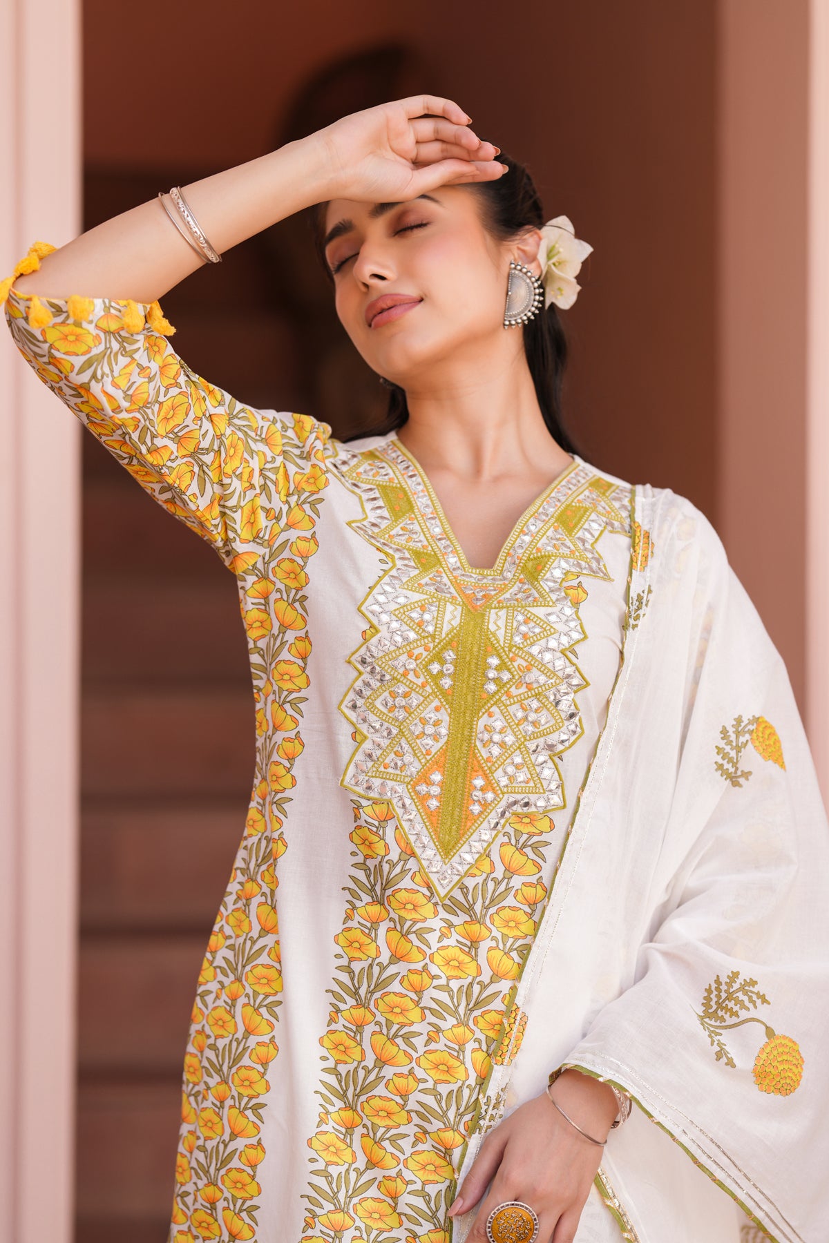 Yellow Cotton Block-Printed Embroidered Sharara Set