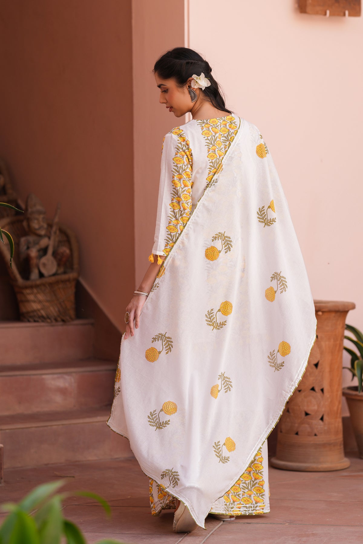 Yellow Cotton Block-Printed Embroidered Sharara Set