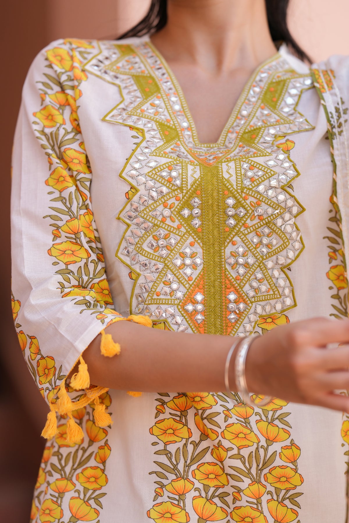 Yellow Cotton Block-Printed Embroidered Sharara Set