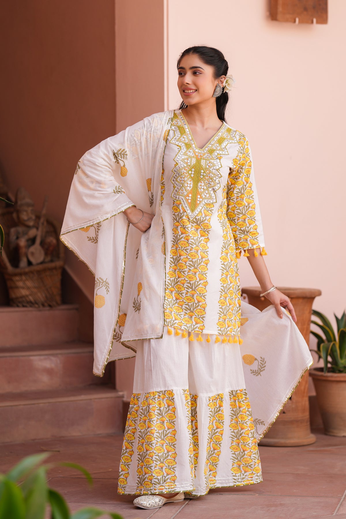 Yellow Cotton Block-Printed Embroidered Sharara Set