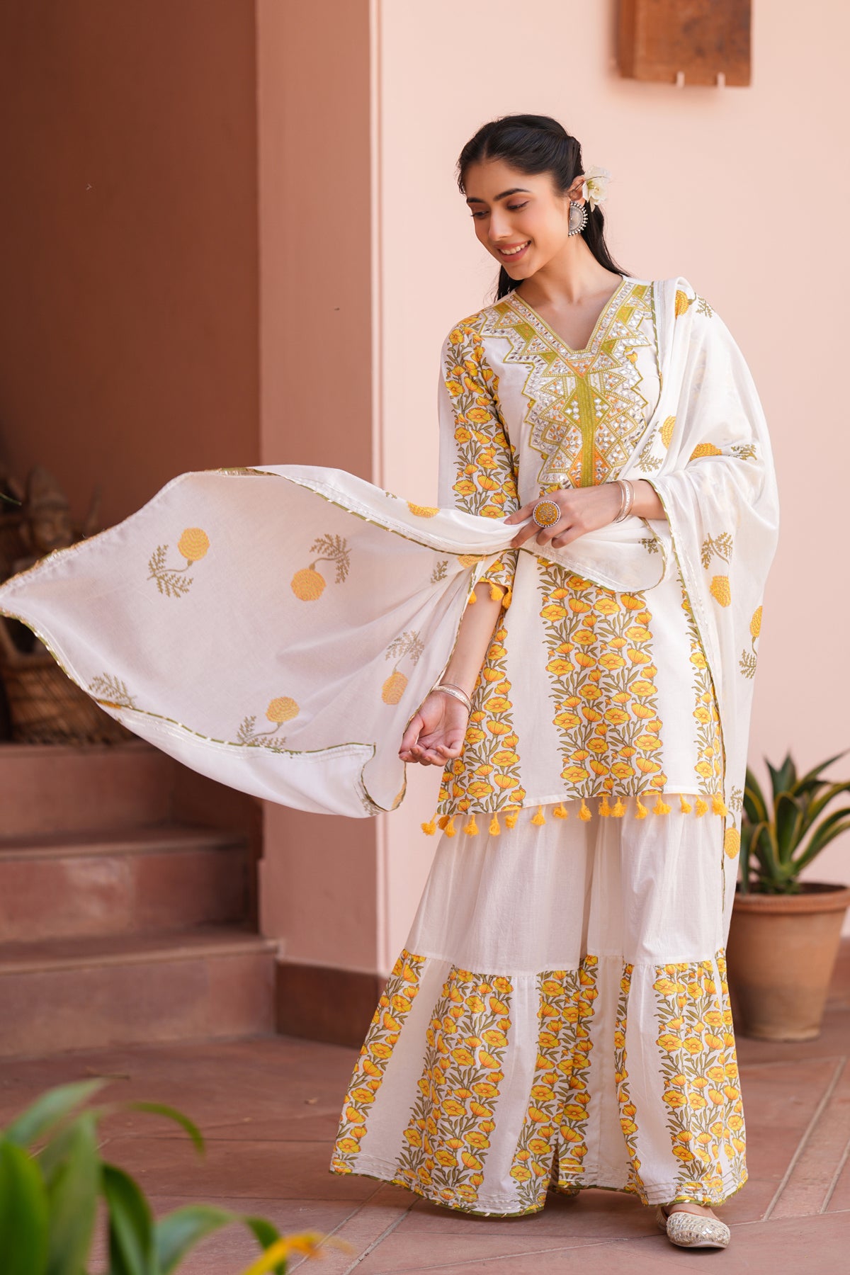 Yellow Cotton Block-Printed Embroidered Sharara Set