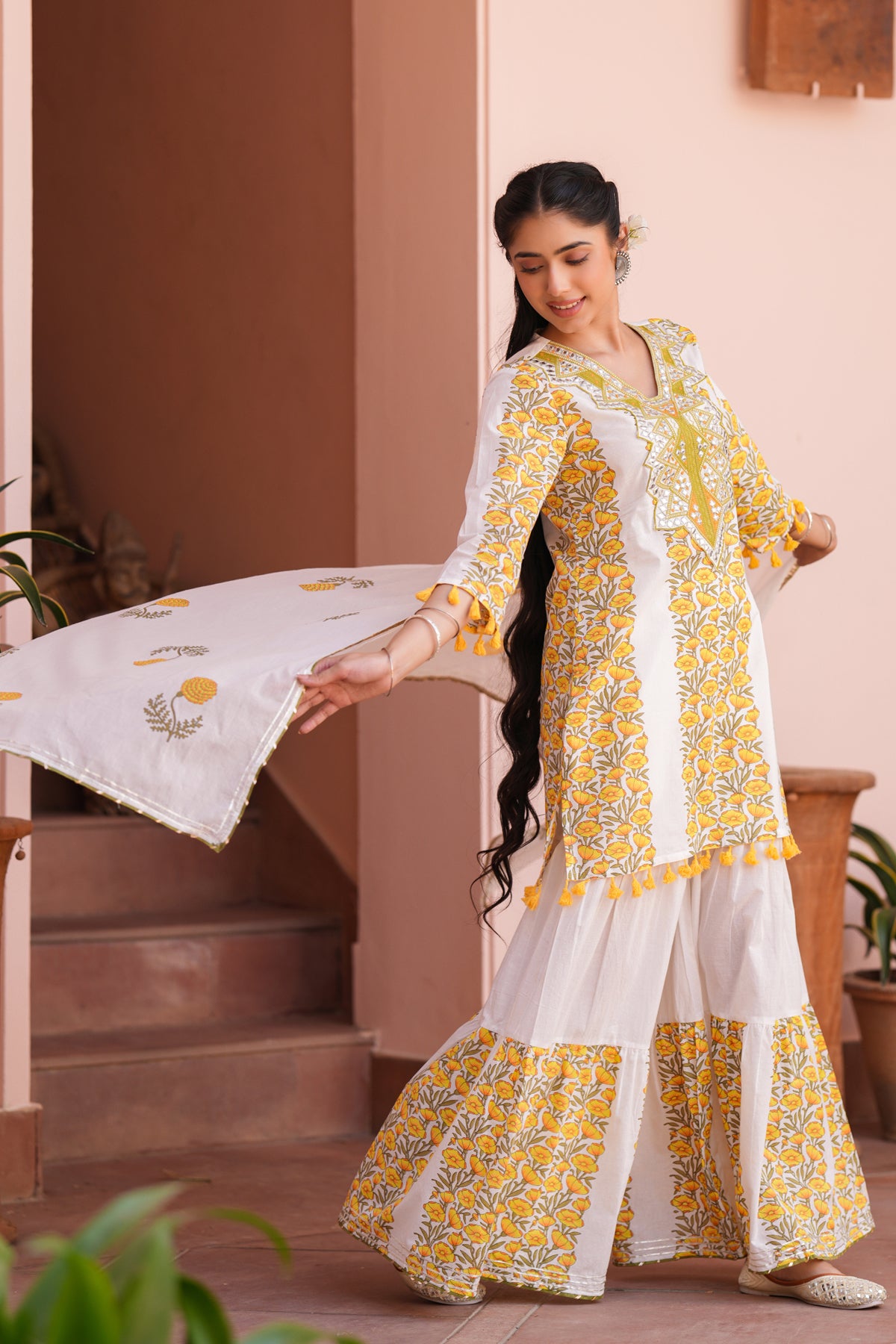 Yellow Cotton Block-Printed Embroidered Sharara Set