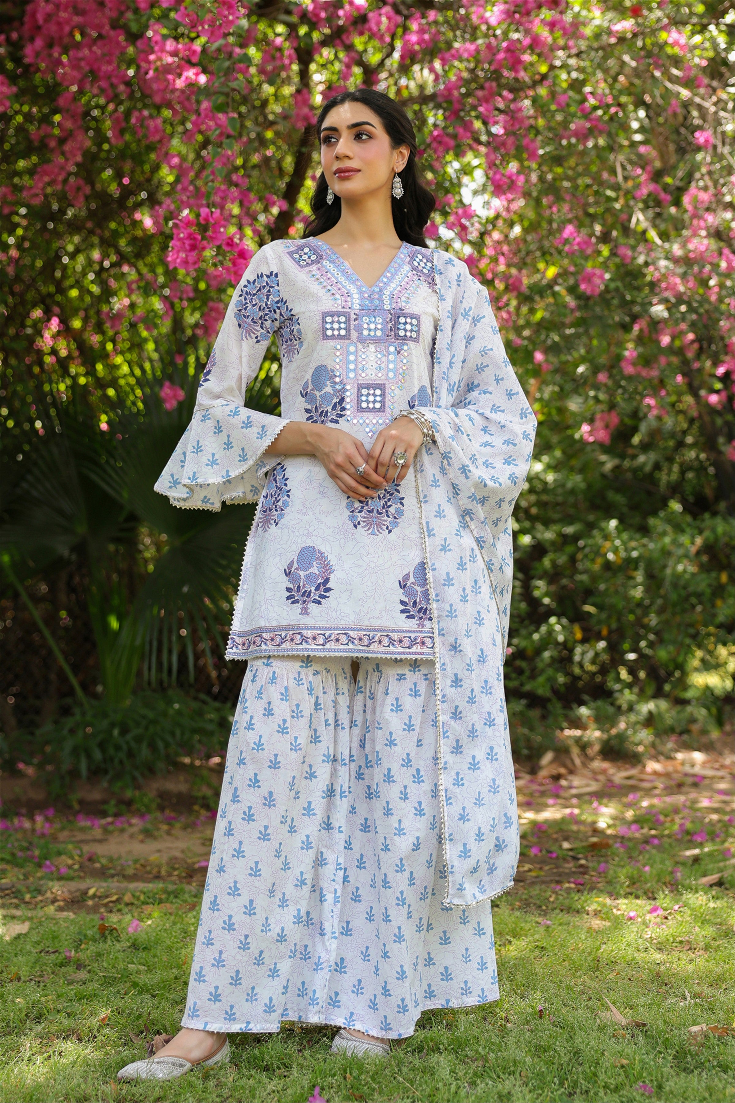 Blue Cotton Cambric Block-Printed Embroidered Sharara Set