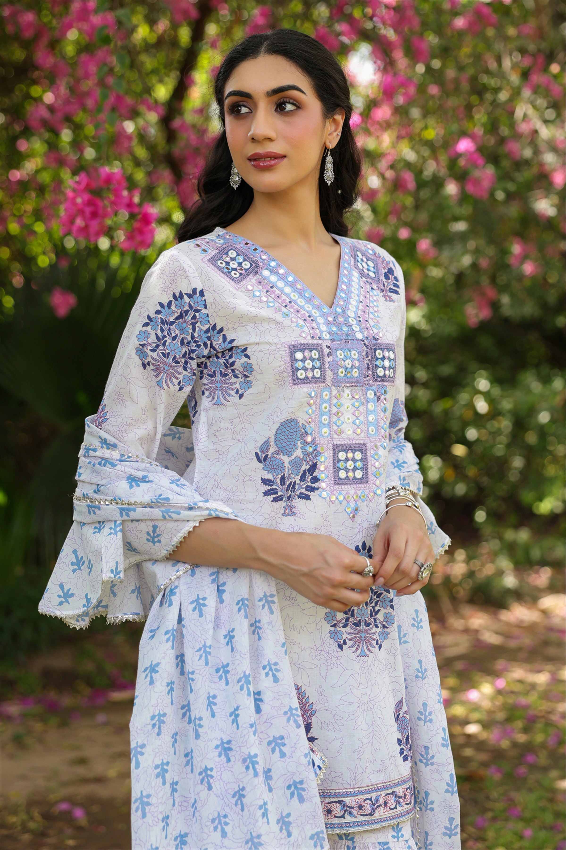 Blue Cotton Cambric Block-Printed Embroidered Sharara Set