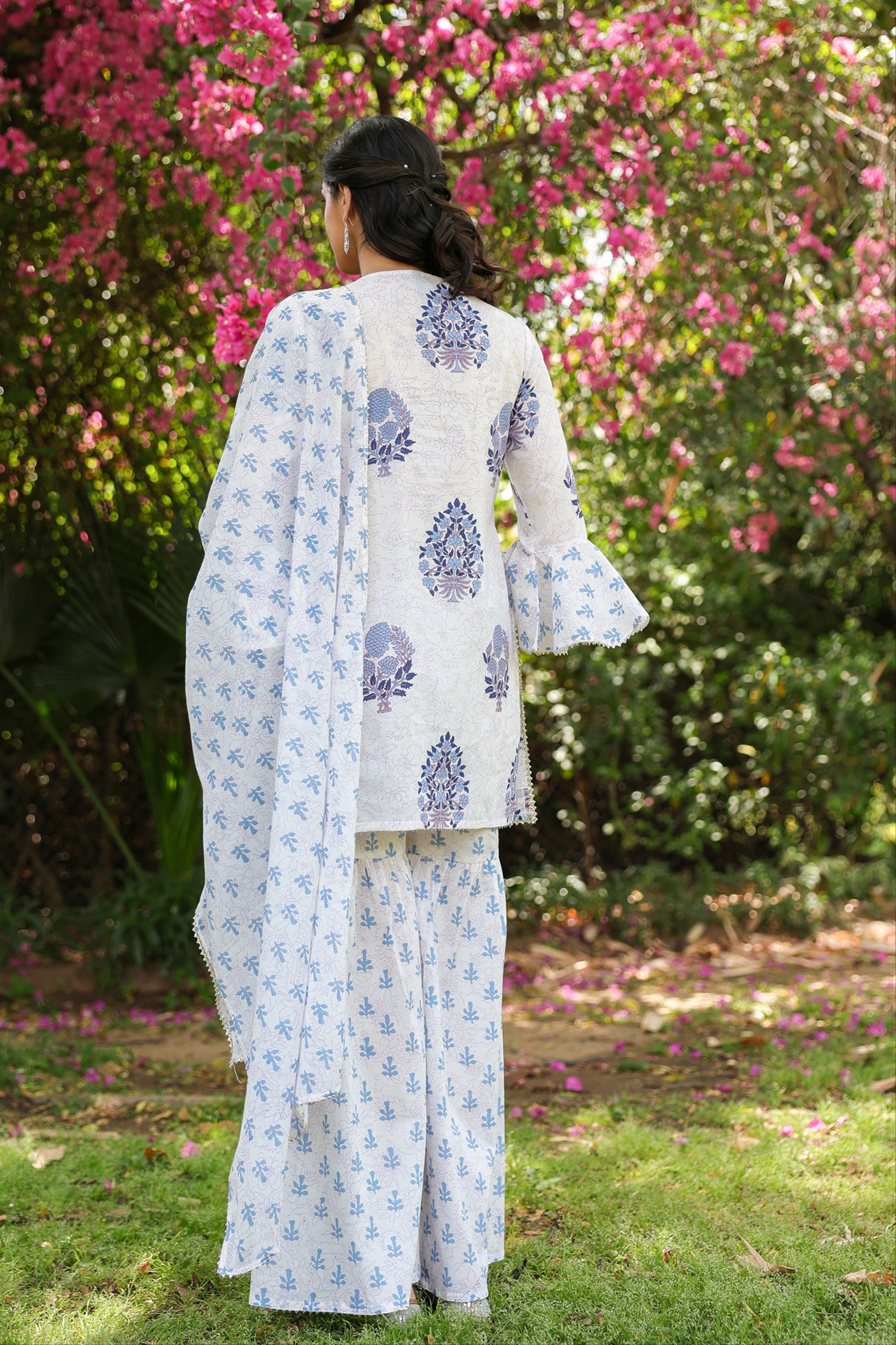Blue Cotton Cambric Block-Printed Embroidered Sharara Set