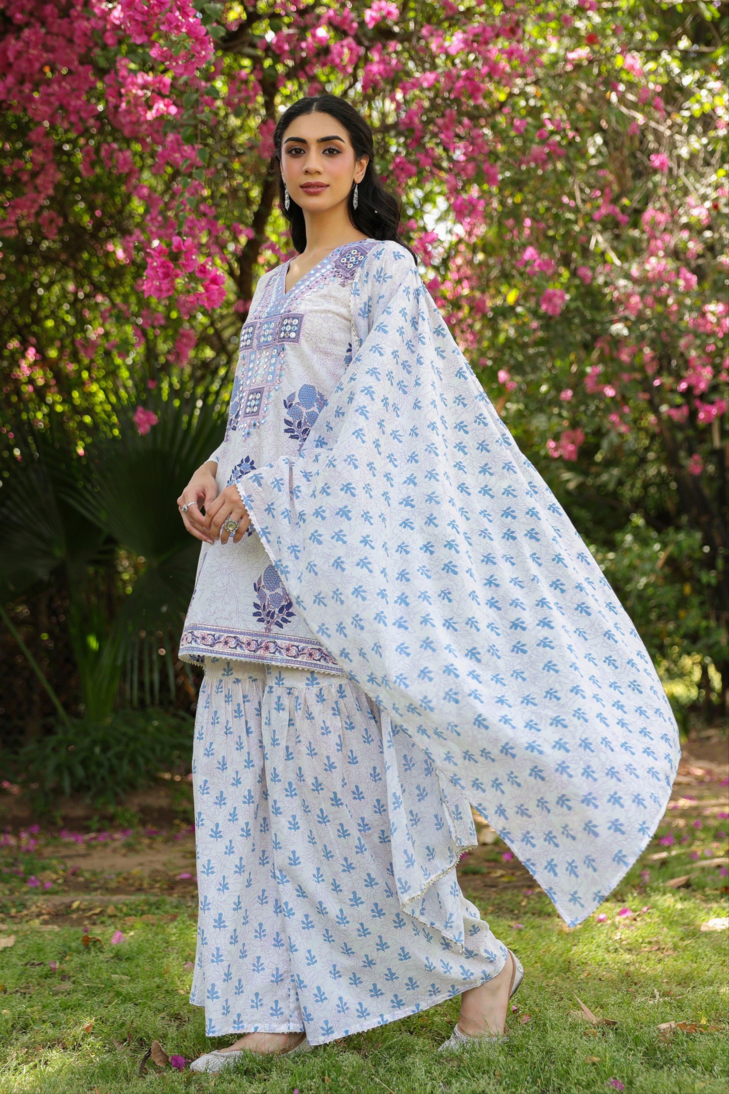 Blue Cotton Cambric Block-Printed Embroidered Sharara Set