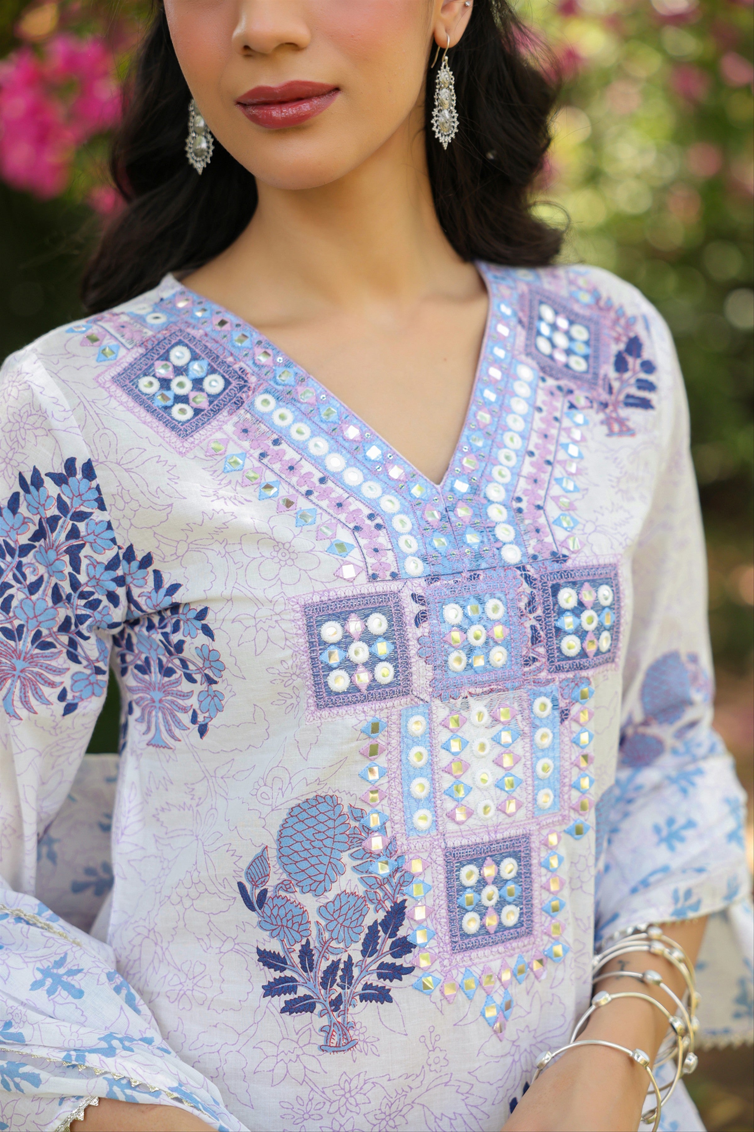 Blue Cotton Cambric Block-Printed Embroidered Sharara Set