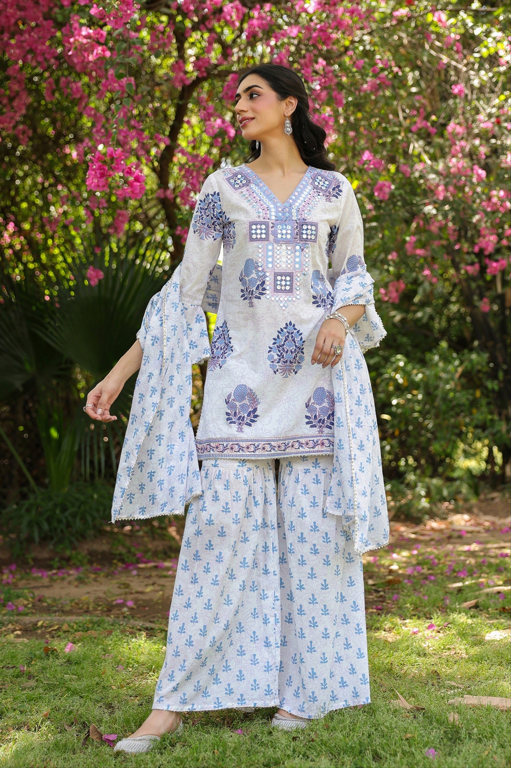 Blue Cotton Cambric Block-Printed Embroidered Sharara Set