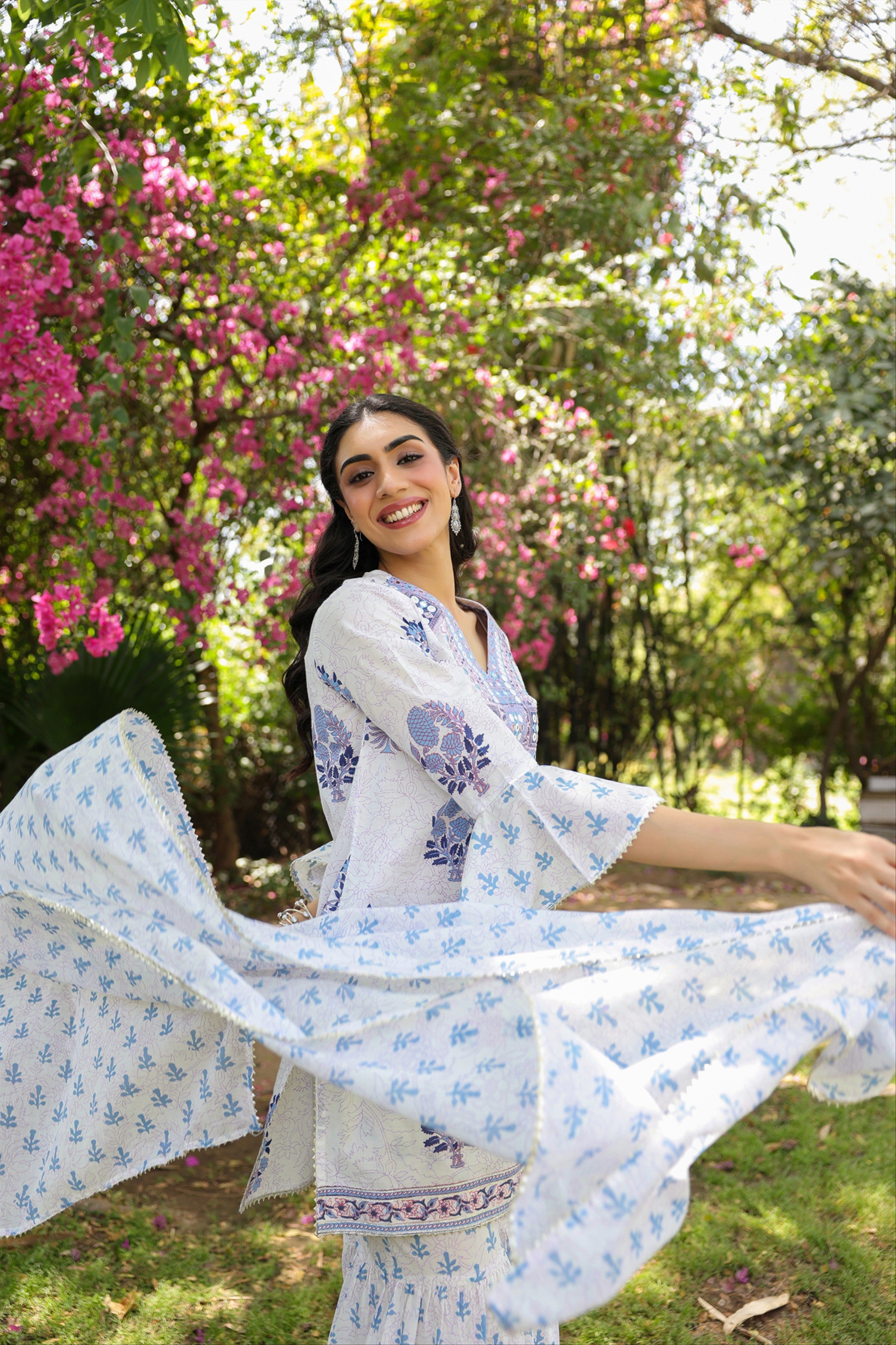 Blue Cotton Cambric Block-Printed Embroidered Sharara Set