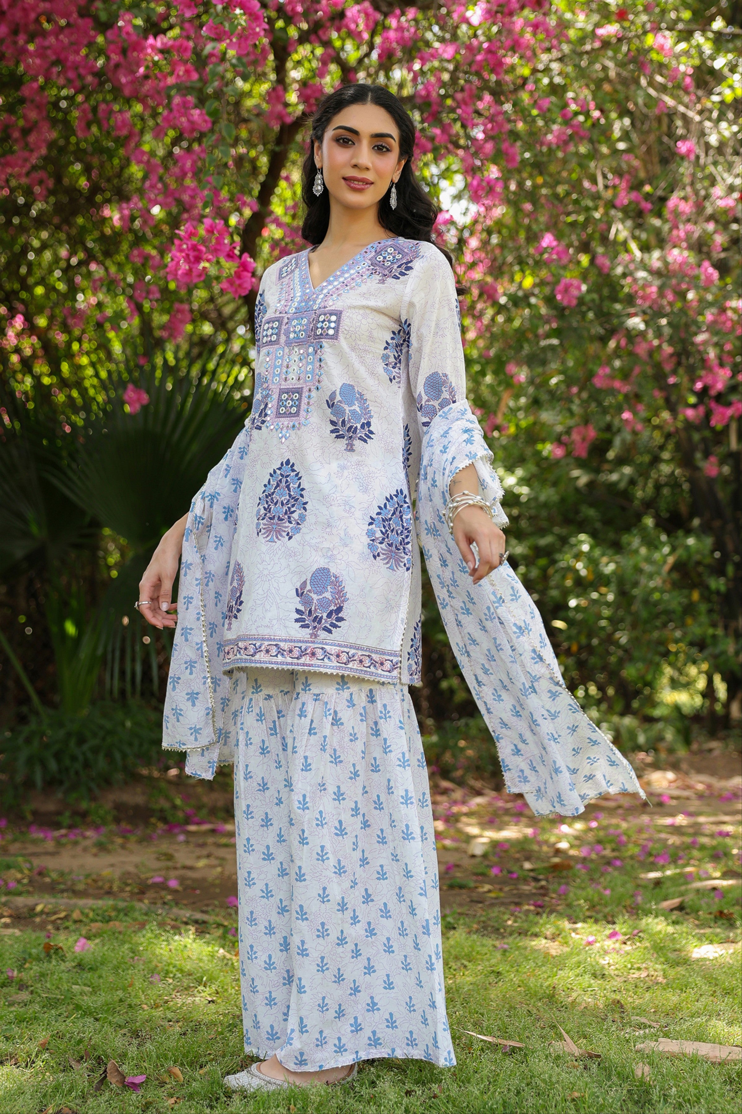 Blue Cotton Cambric Block-Printed Embroidered Sharara Set