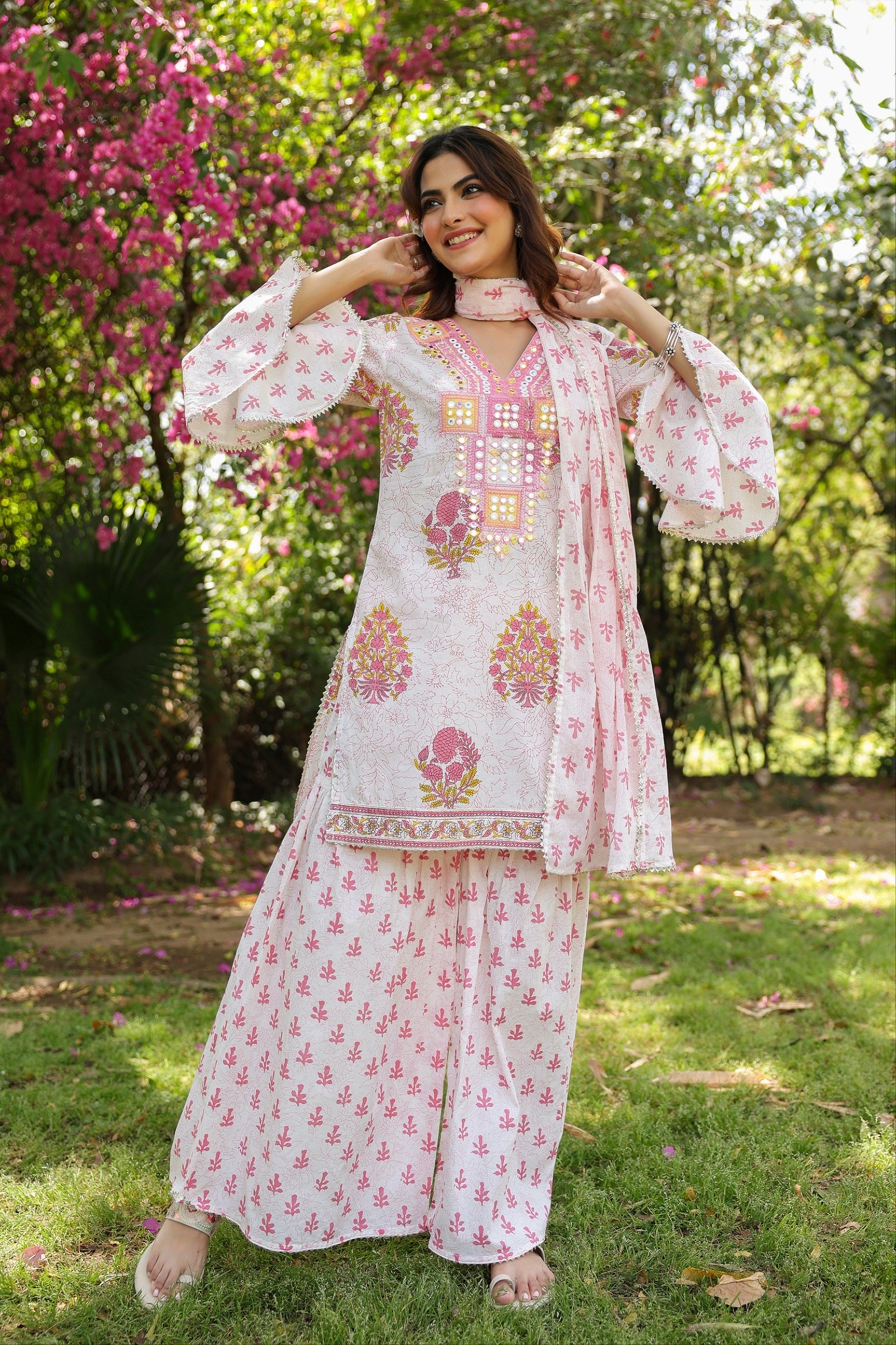 Pink Cotton Cambric Block-Printed Embroidered Sharara Set