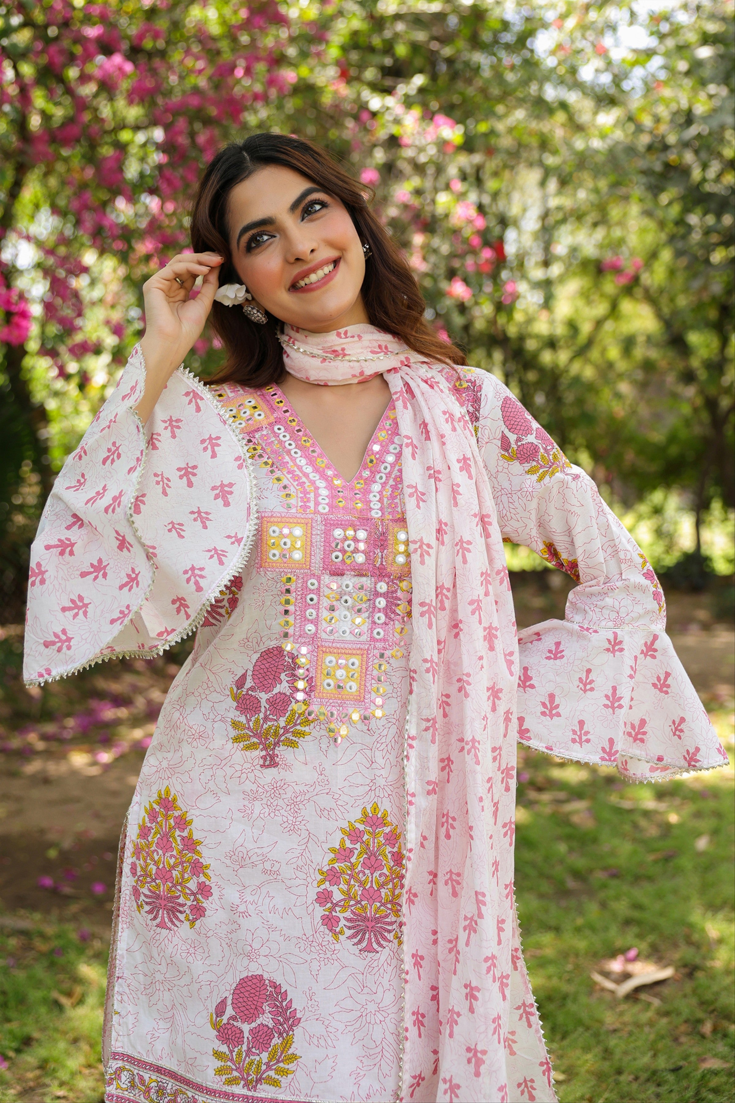 Pink Cotton Cambric Block-Printed Embroidered Sharara Set