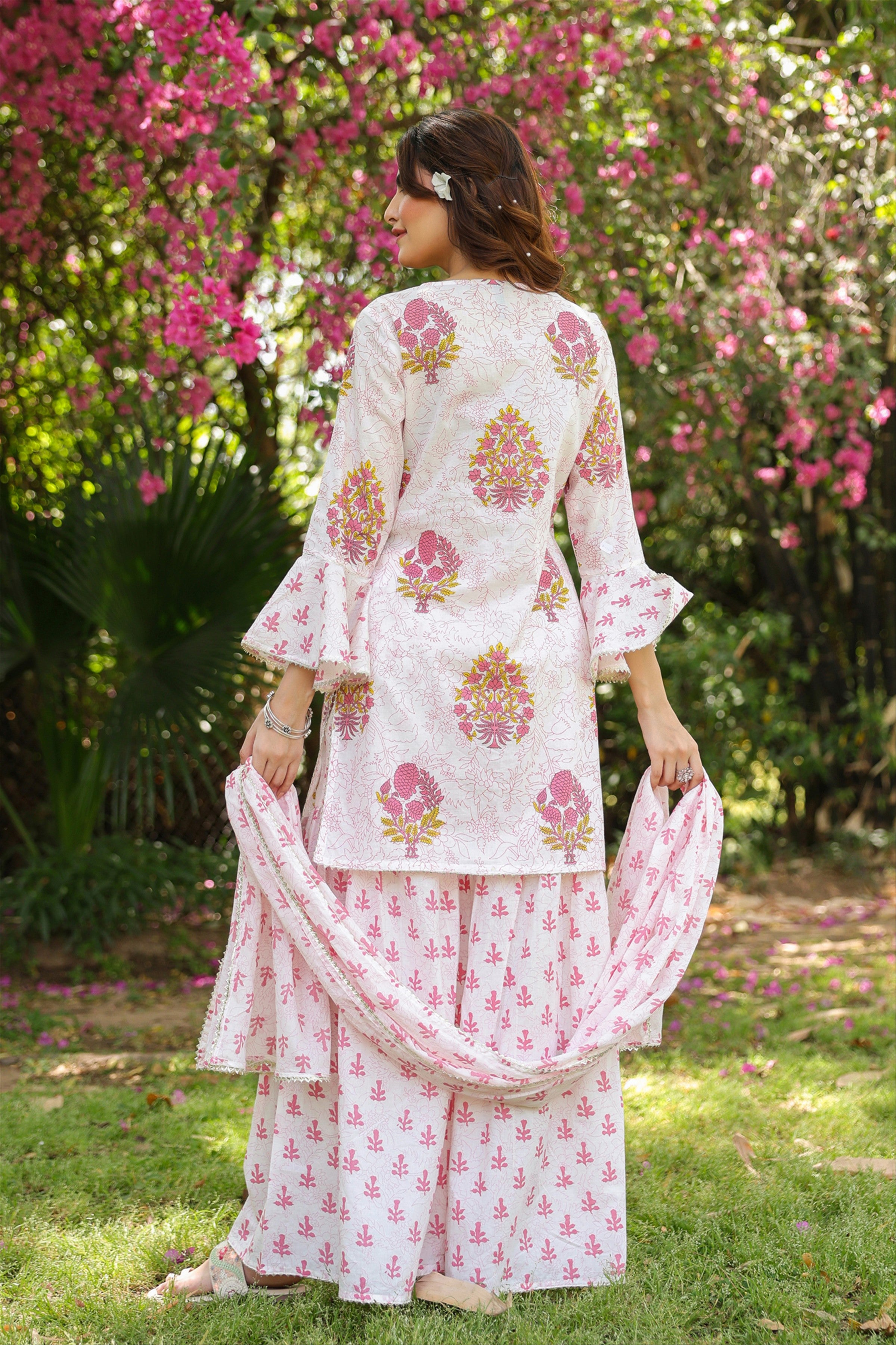 Pink Cotton Cambric Block-Printed Embroidered Sharara Set
