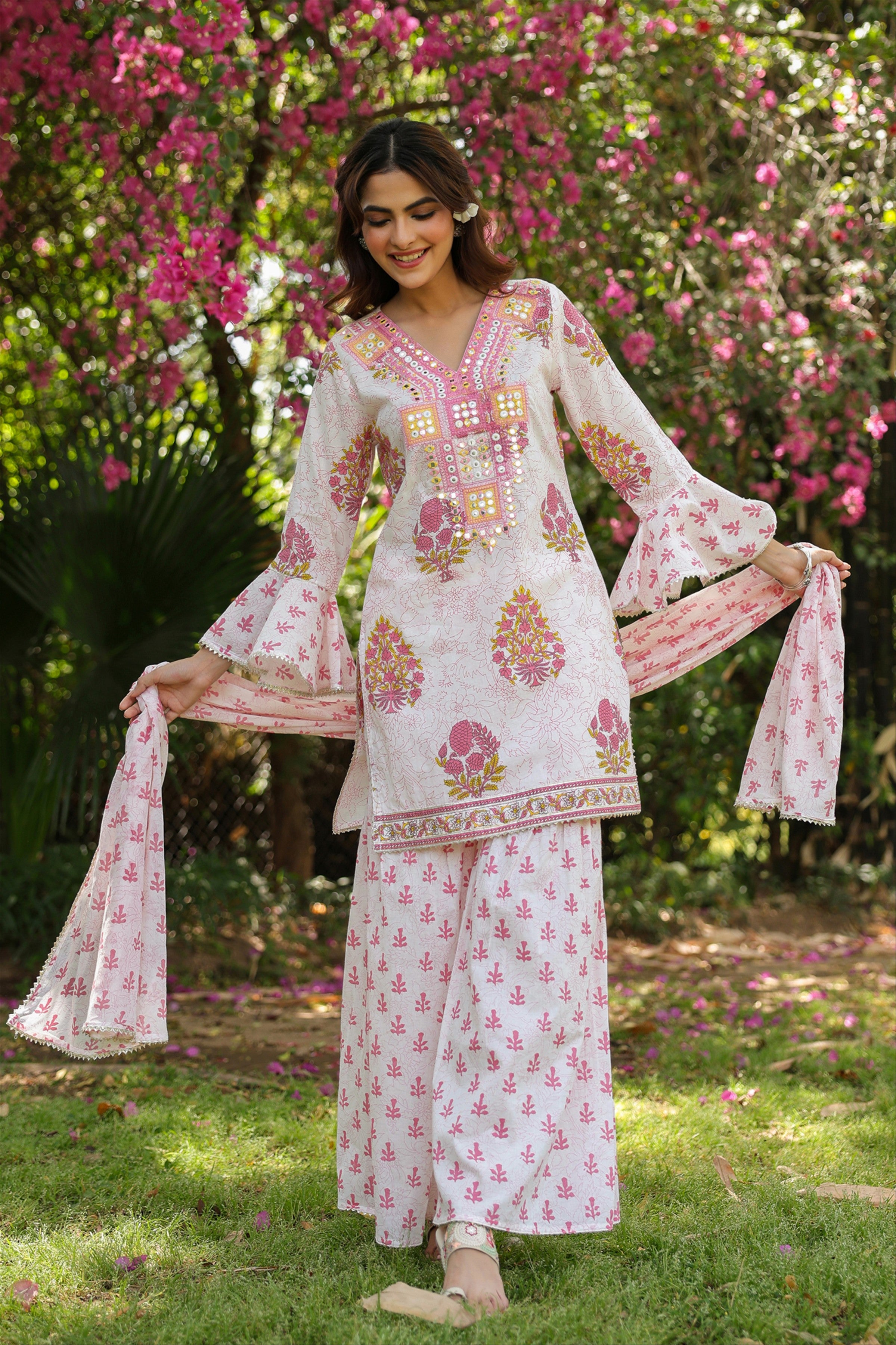 Pink Cotton Cambric Block-Printed Embroidered Sharara Set