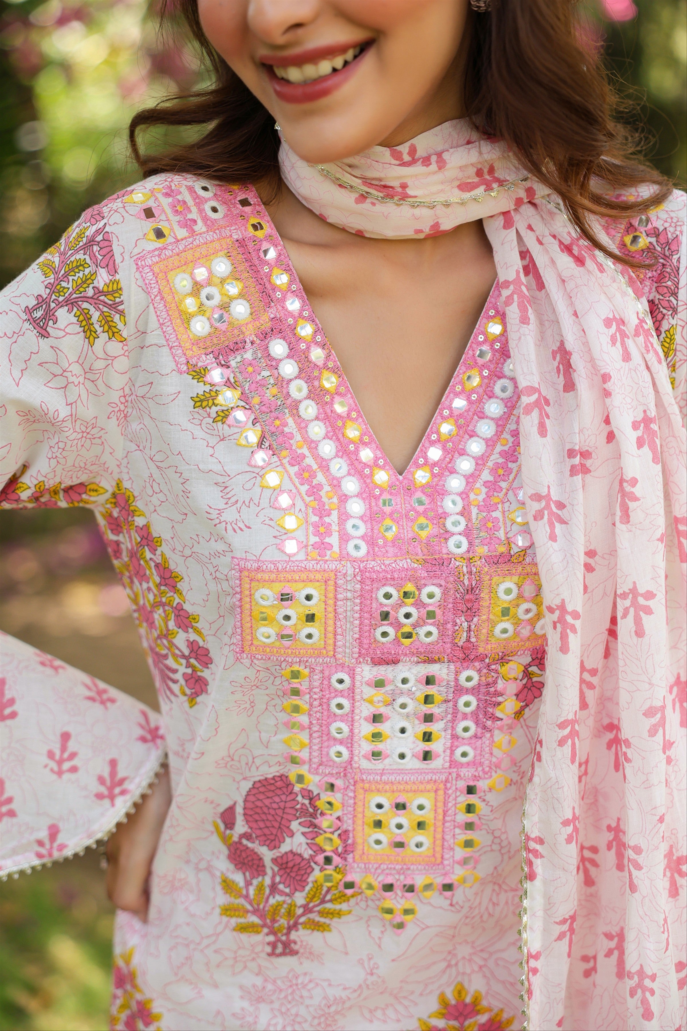 Pink Cotton Cambric Block-Printed Embroidered Sharara Set