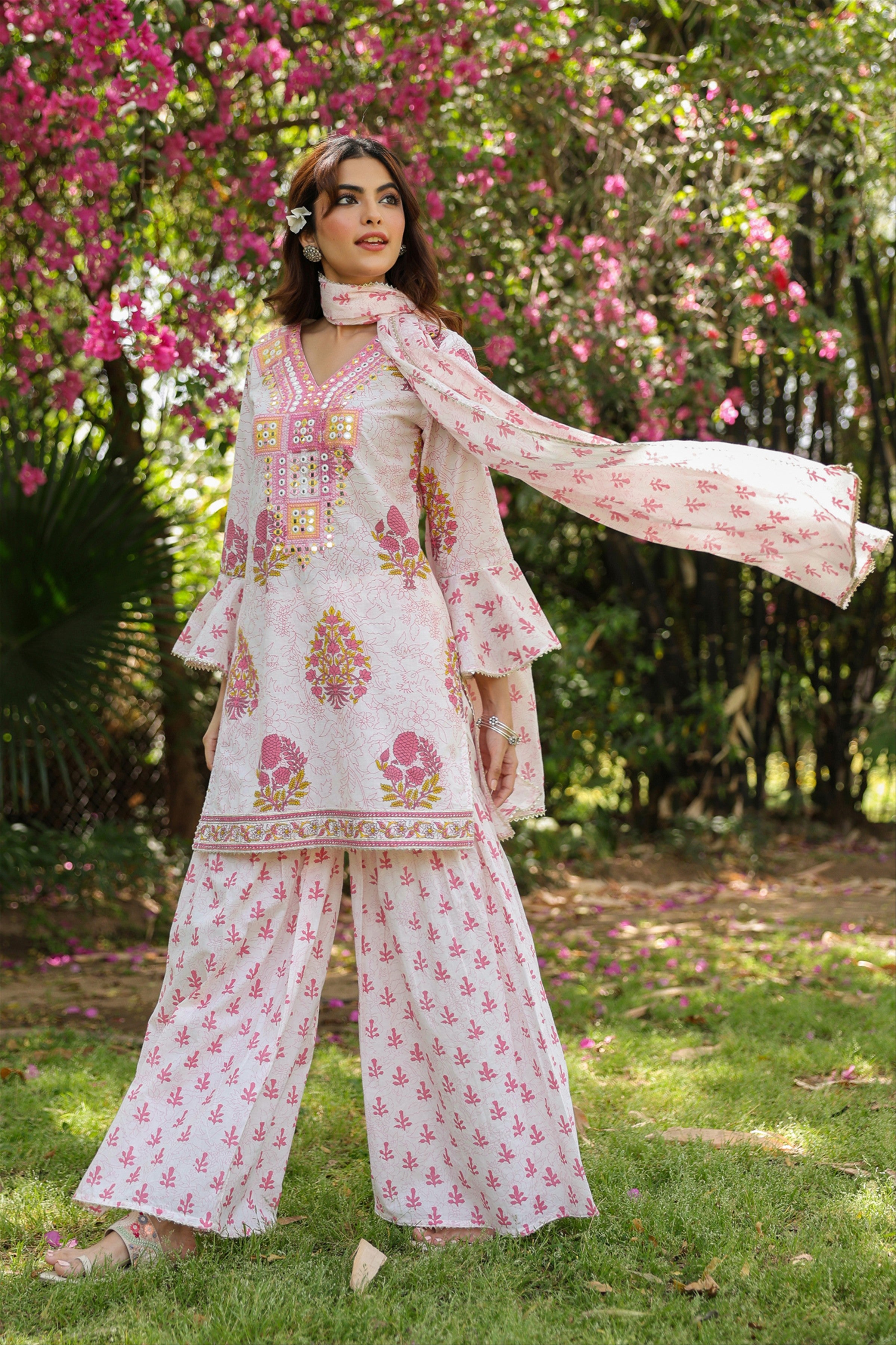 Pink Cotton Cambric Block-Printed Embroidered Sharara Set