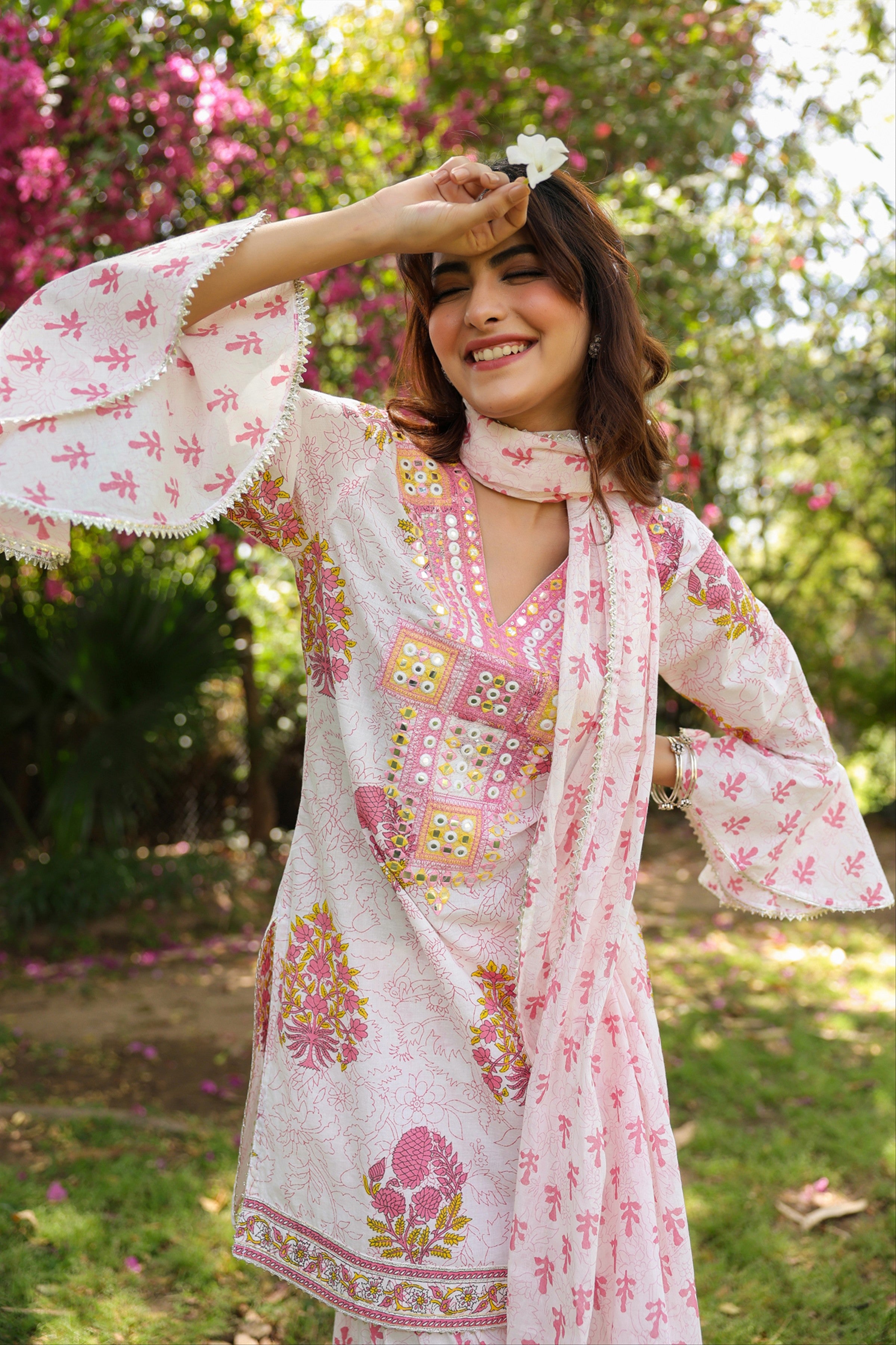 Pink Cotton Cambric Block-Printed Embroidered Sharara Set