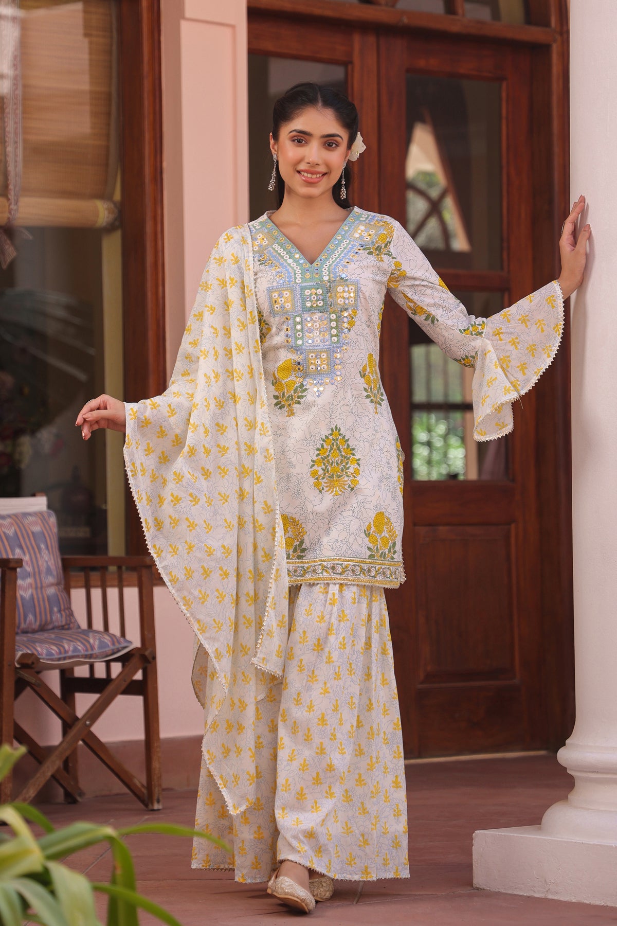 Yellow Cotton Cambric Block-Printed Embroidered Sharara Set