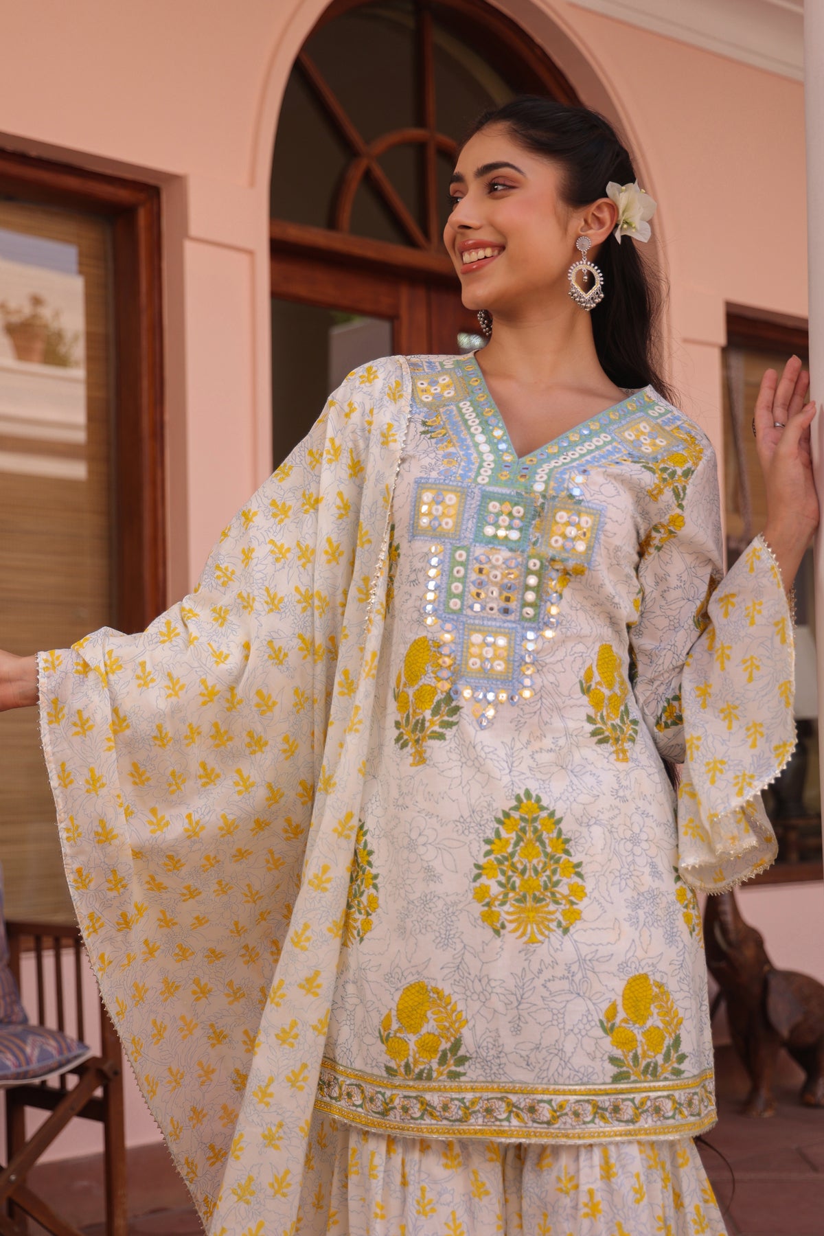 Yellow Cotton Cambric Block-Printed Embroidered Sharara Set