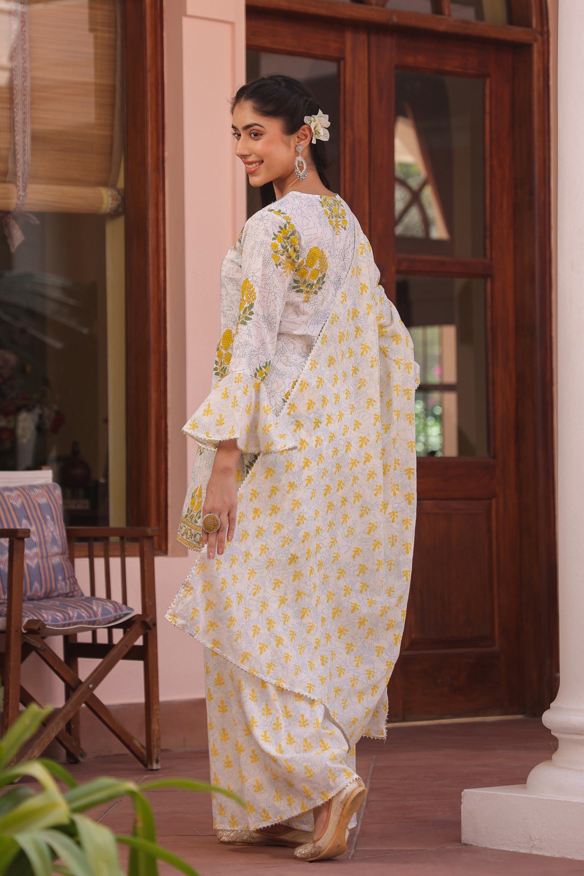 Yellow Cotton Cambric Block-Printed Embroidered Sharara Set