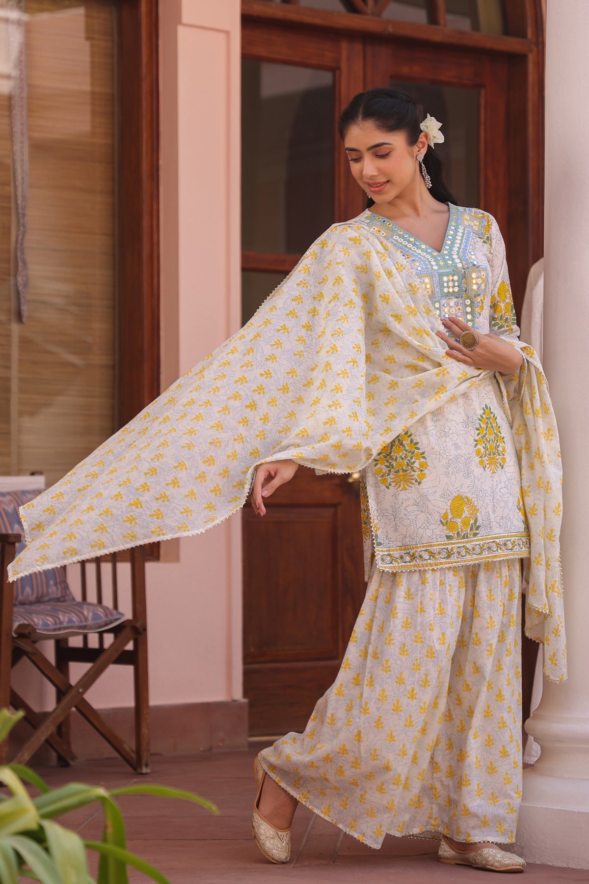 Yellow Cotton Cambric Block-Printed Embroidered Sharara Set