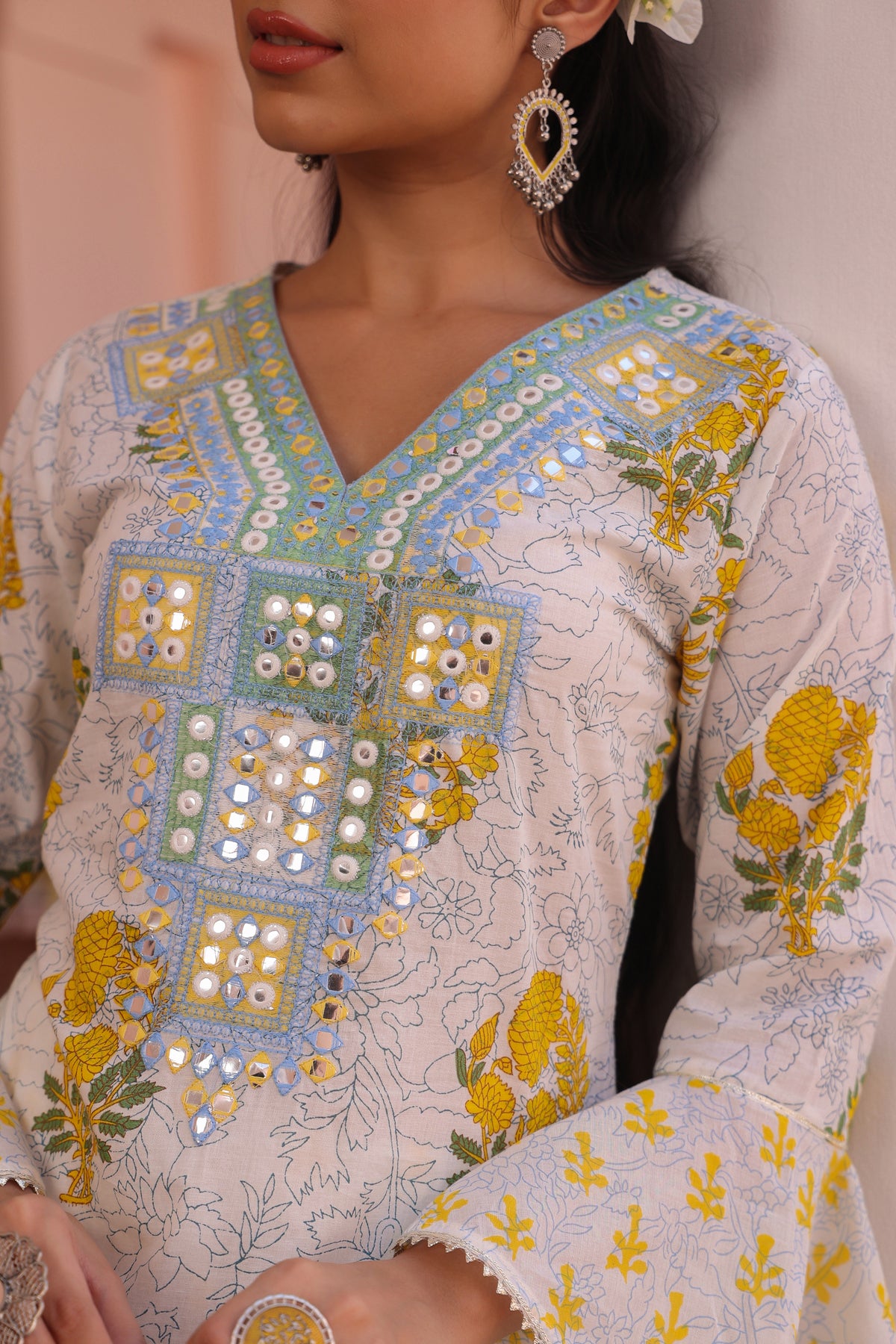 Yellow Cotton Cambric Block-Printed Embroidered Sharara Set
