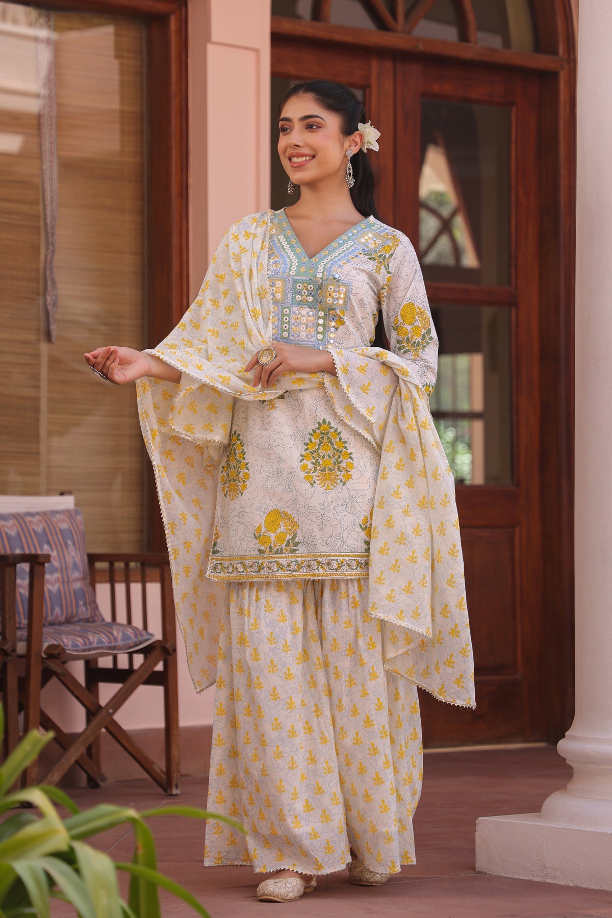 Yellow Cotton Cambric Block-Printed Embroidered Sharara Set