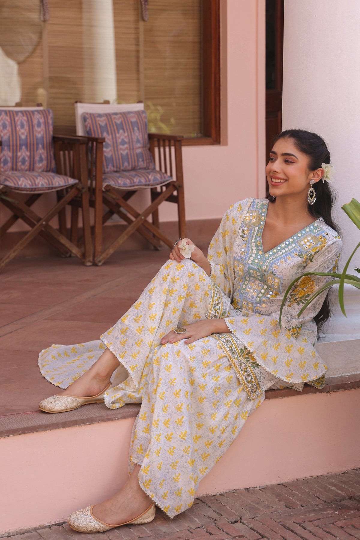 Yellow Cotton Cambric Block-Printed Embroidered Sharara Set