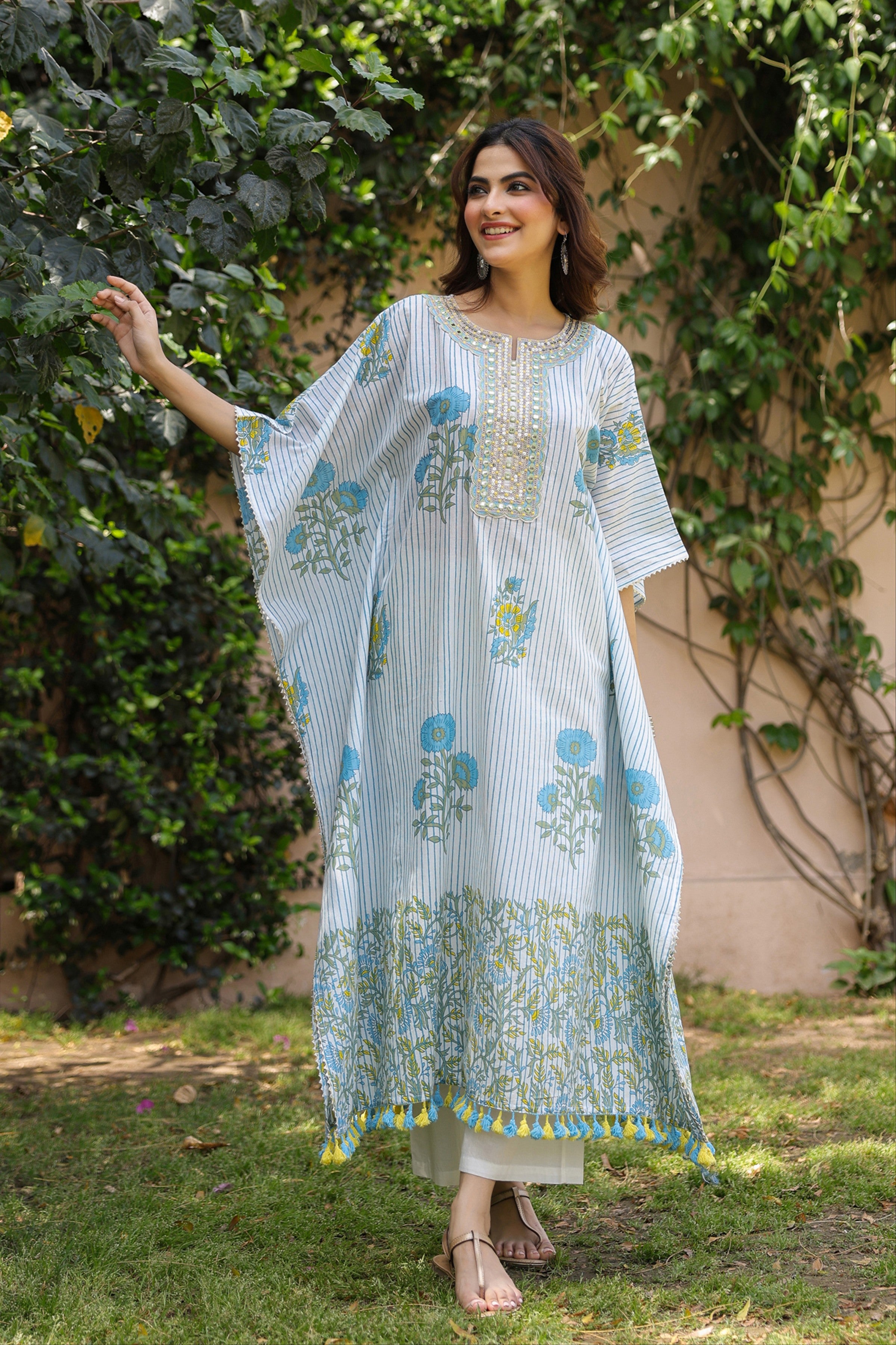 Blue Striped-Floral Cotton Block Printed Kaftan Set