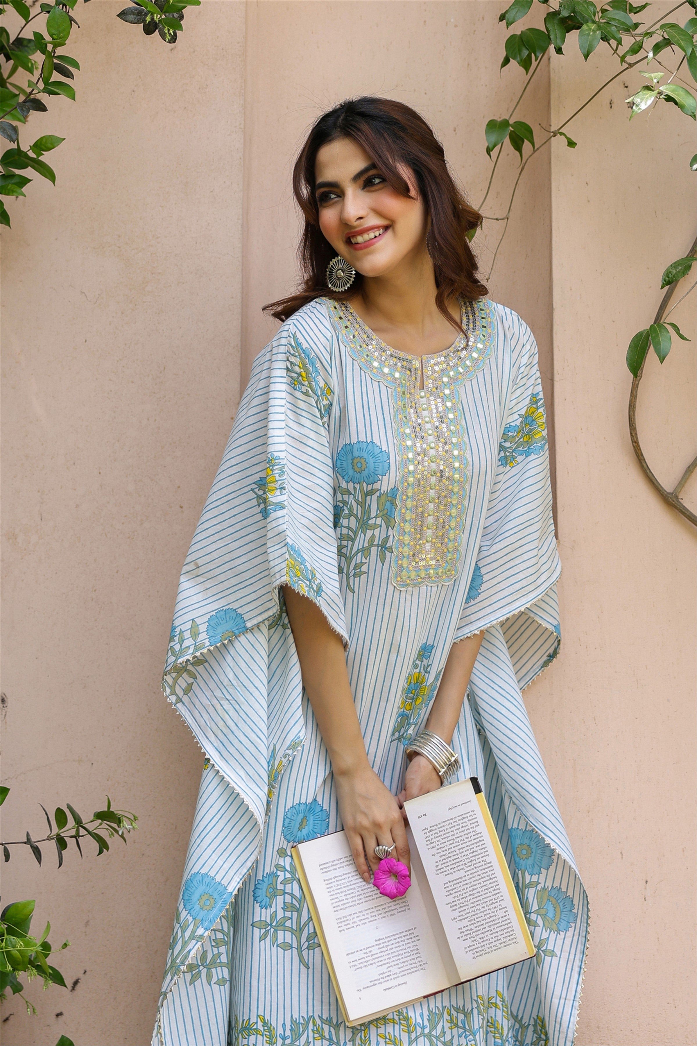 Blue Striped-Floral Cotton Block Printed Kaftan Set
