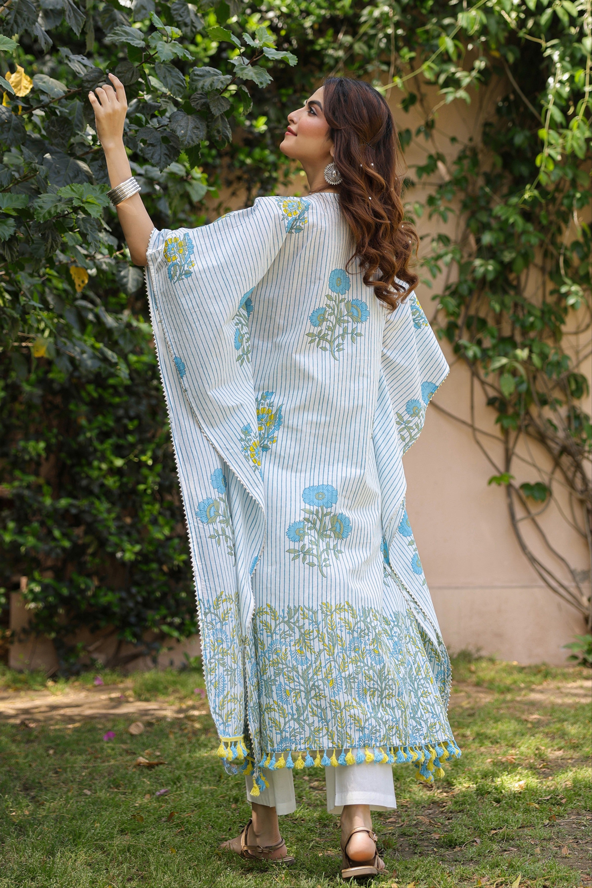 Blue Striped-Floral Cotton Block Printed Kaftan Set