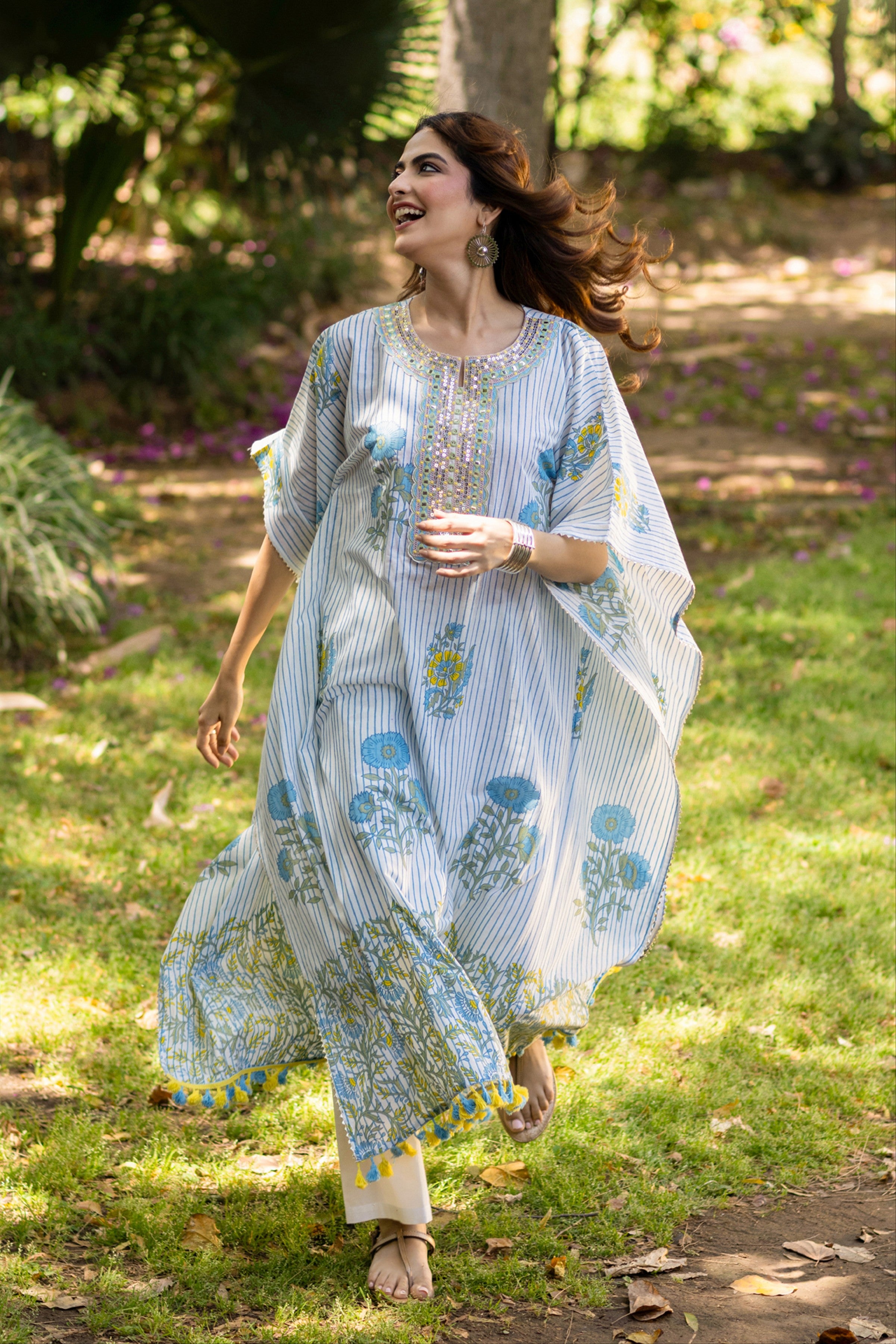 Blue Striped-Floral Cotton Block Printed Kaftan Set