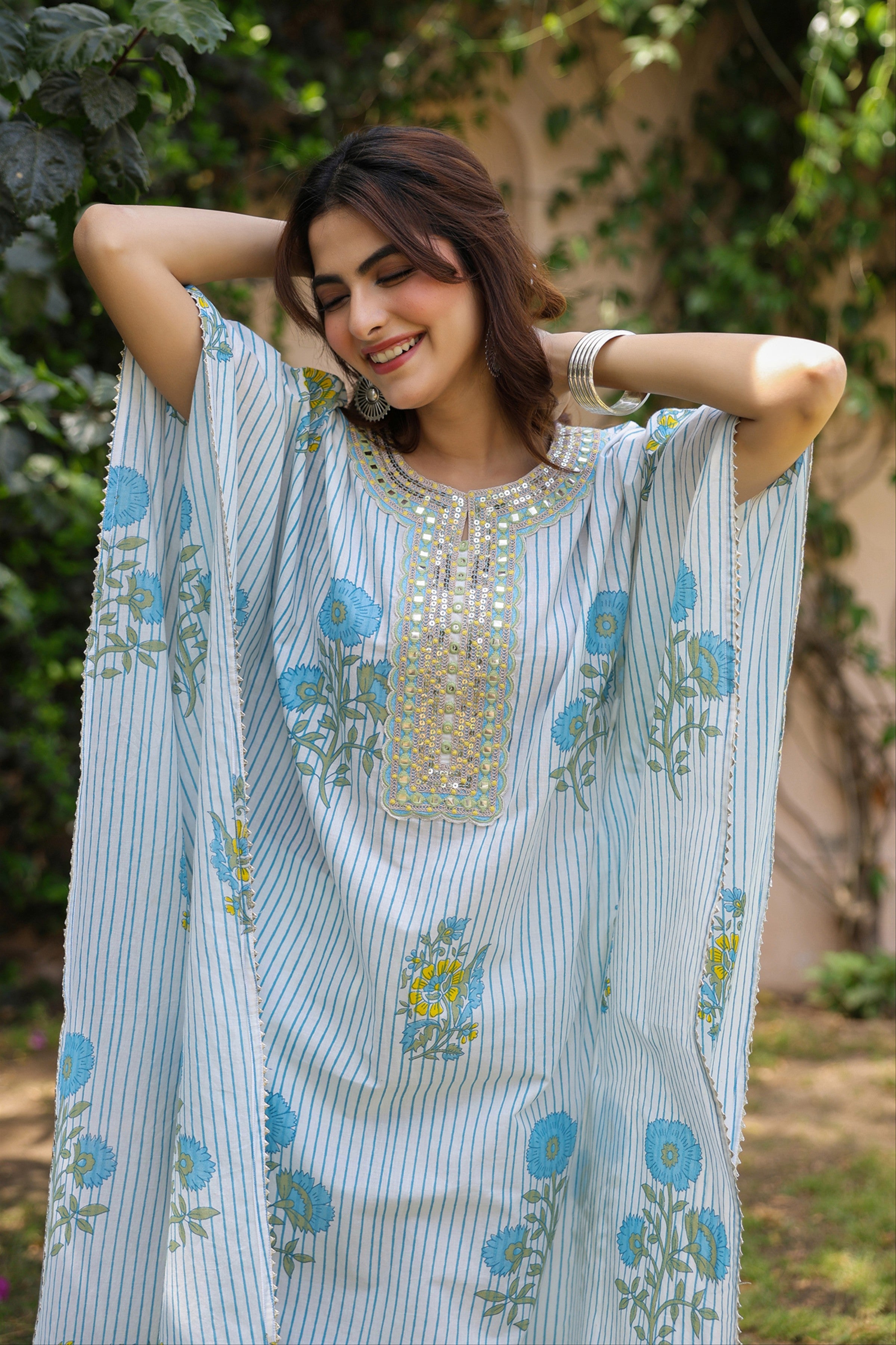 Blue Striped-Floral Cotton Block Printed Kaftan Set