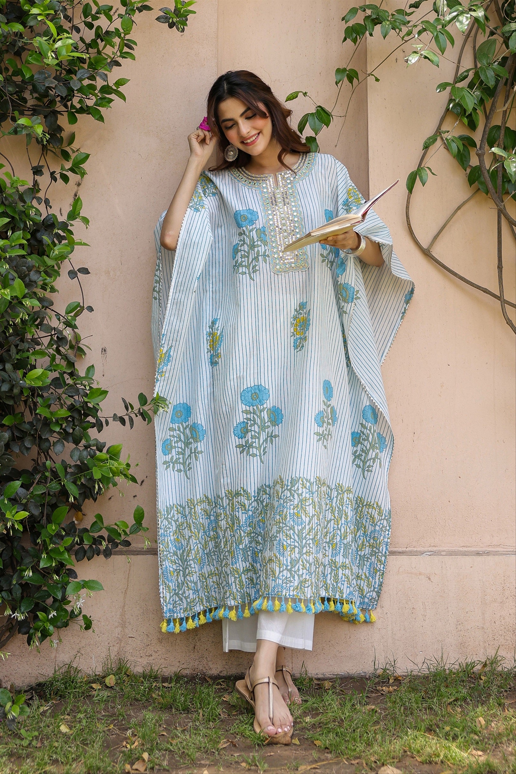 Blue Striped-Floral Cotton Block Printed Kaftan Set