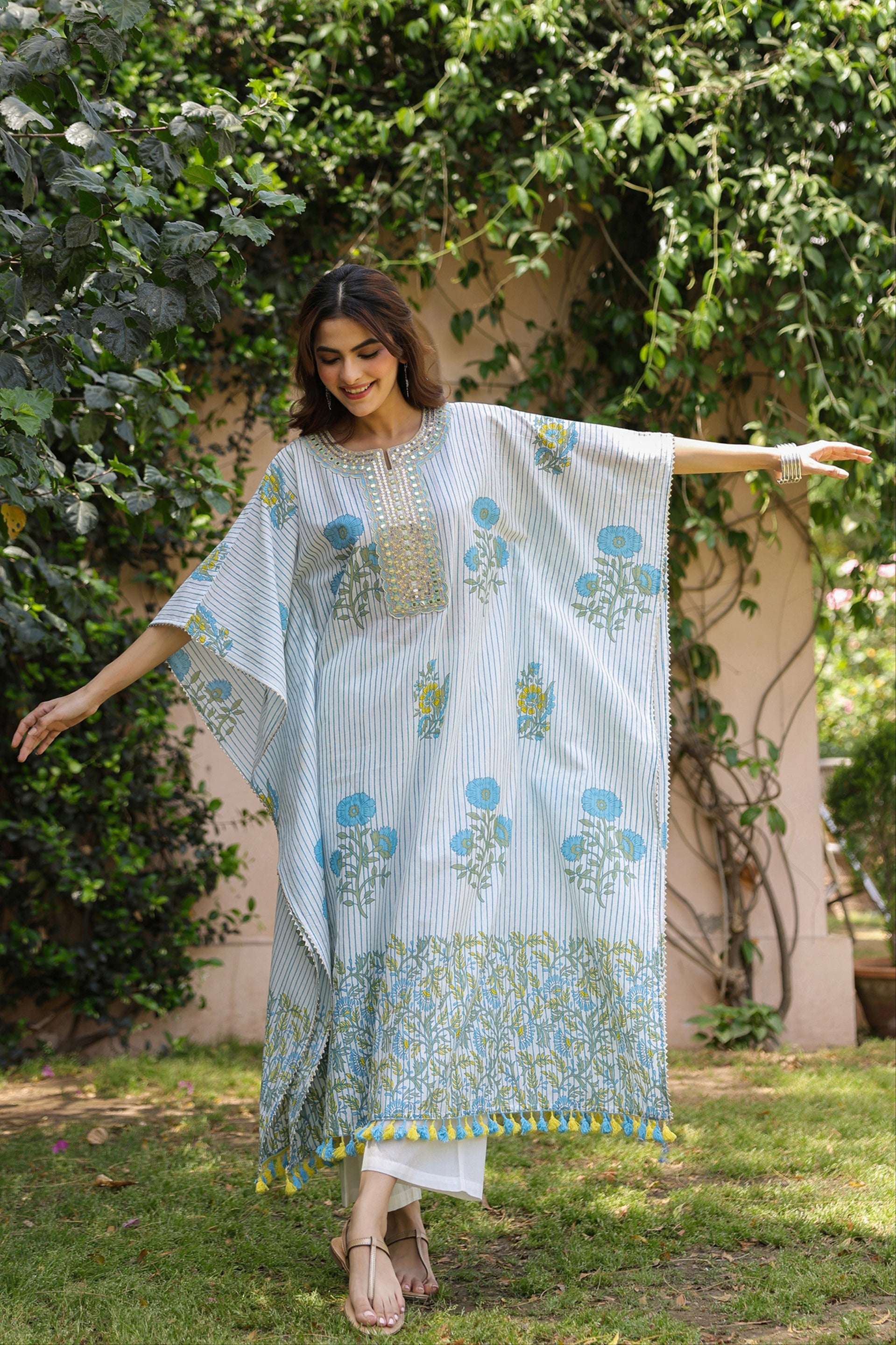 Blue Striped-Floral Cotton Block Printed Kaftan Set
