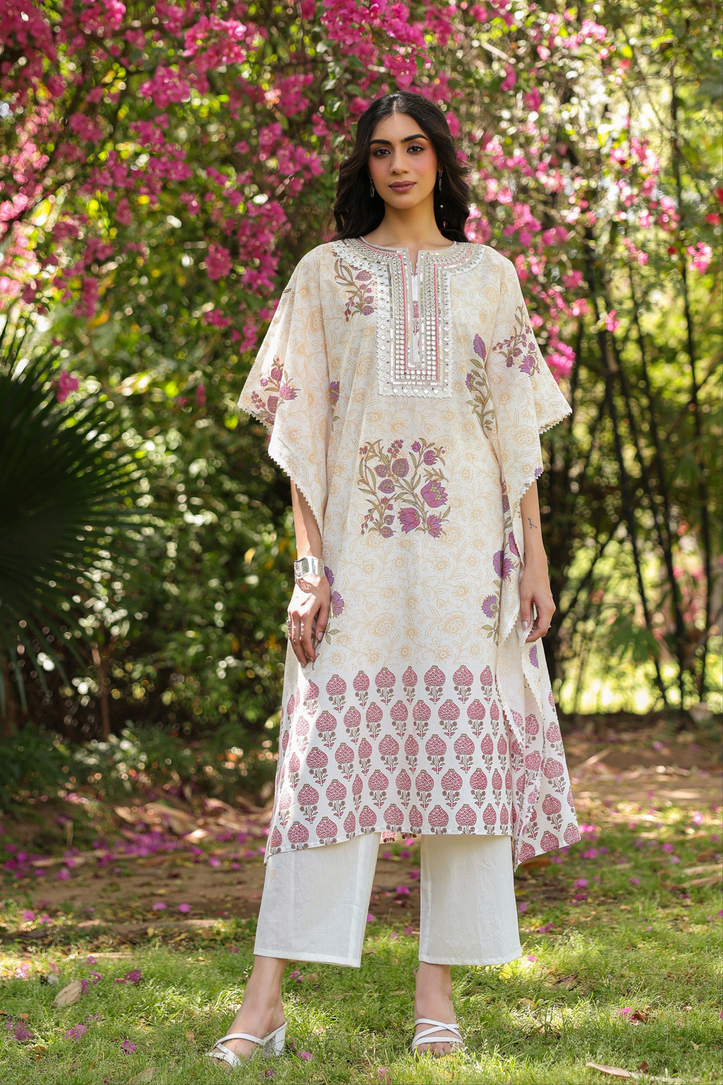 Purple Jaal-Motifs Cotton Block Printed Kaftan Set