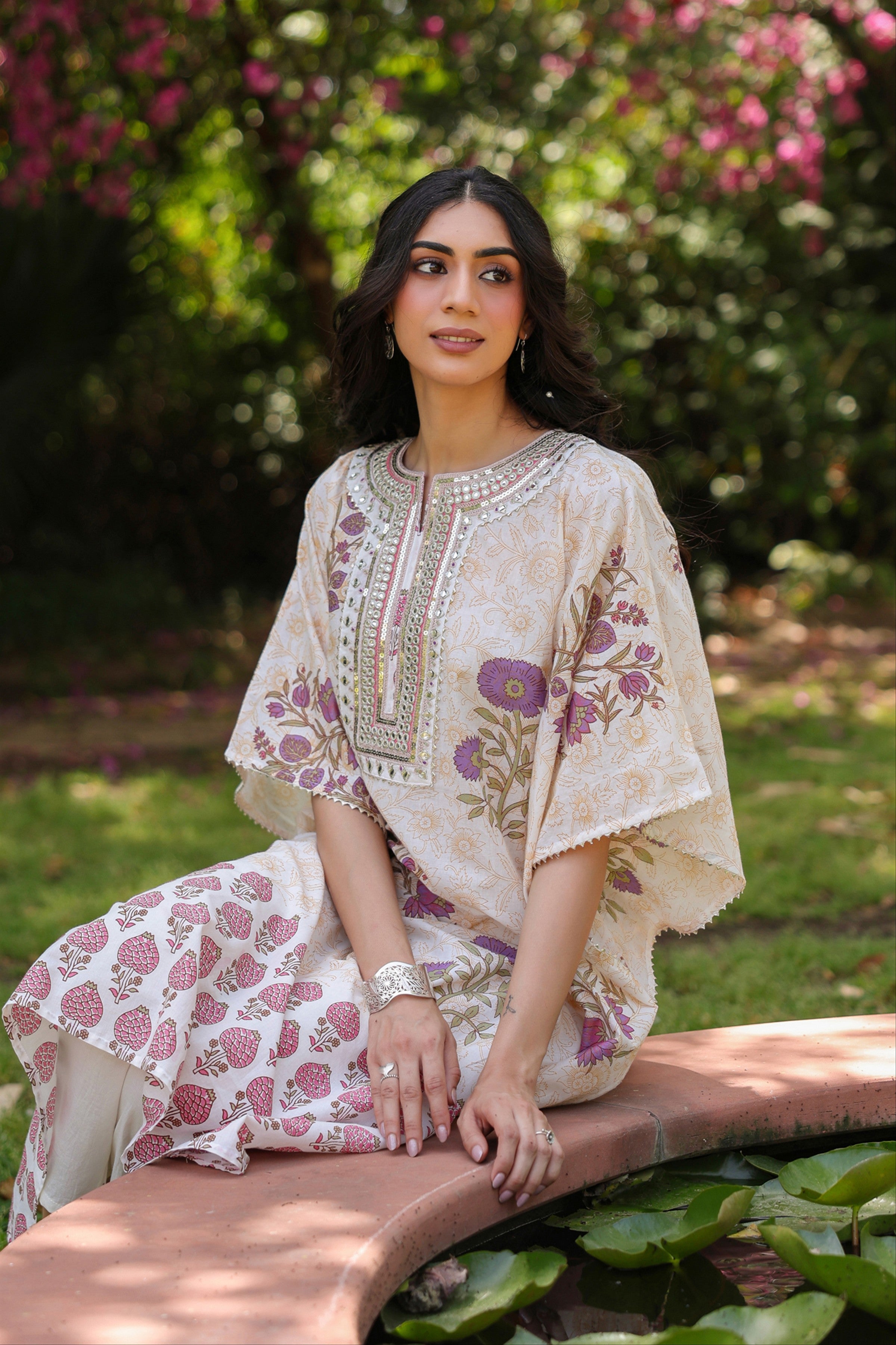Purple Jaal-Motifs Cotton Block Printed Kaftan Set