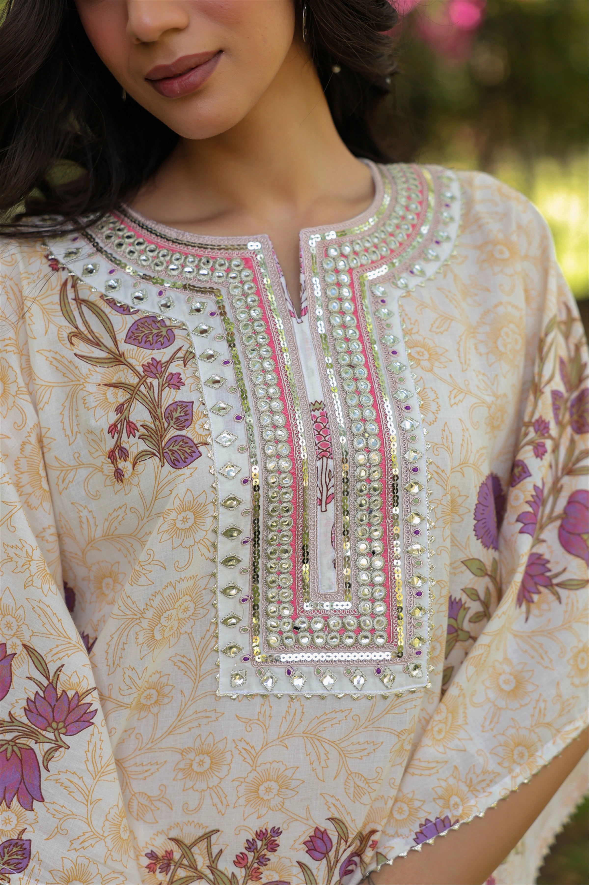 Purple Jaal-Motifs Cotton Block Printed Kaftan Set