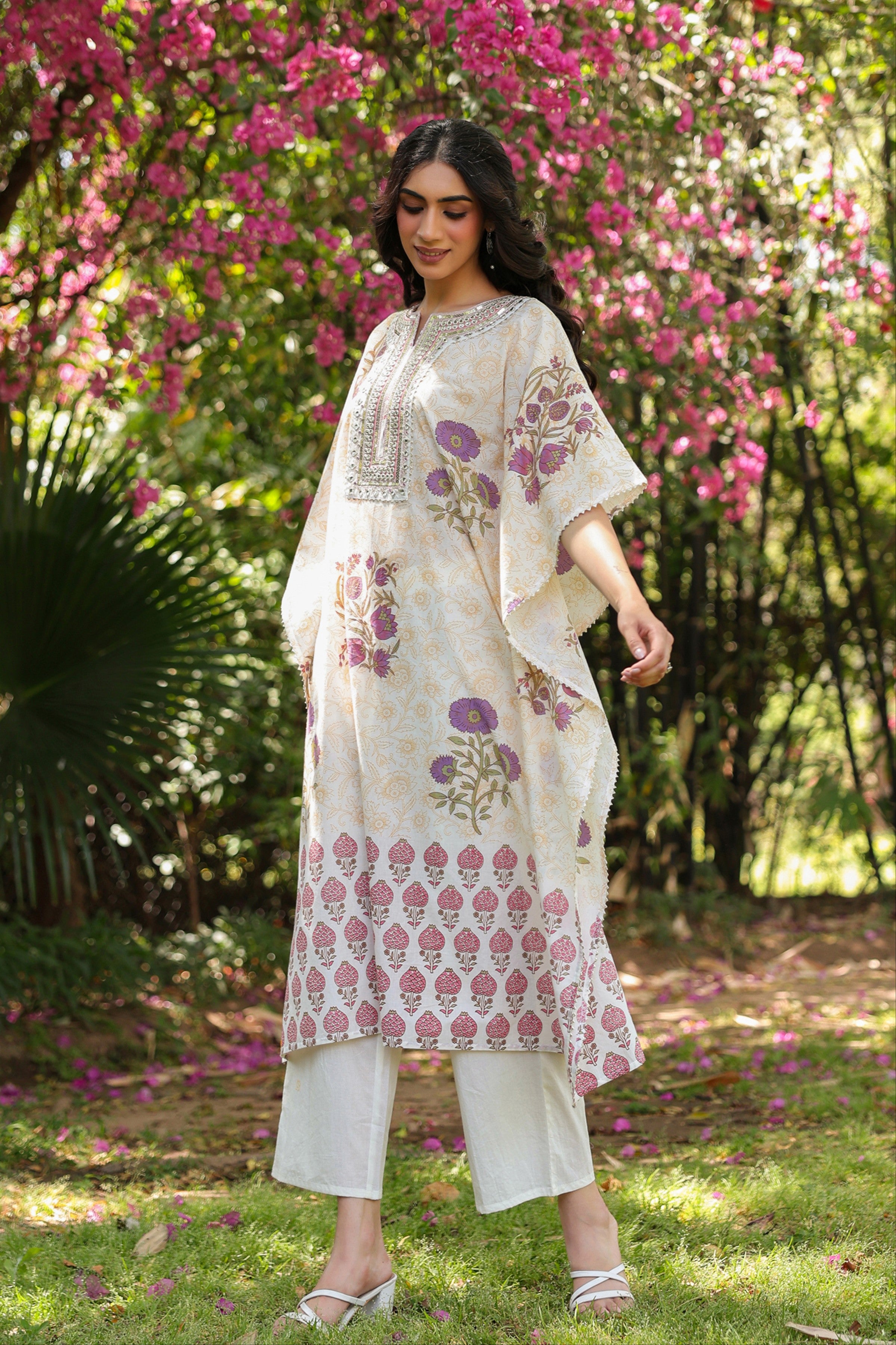 Purple Jaal-Motifs Cotton Block Printed Kaftan Set