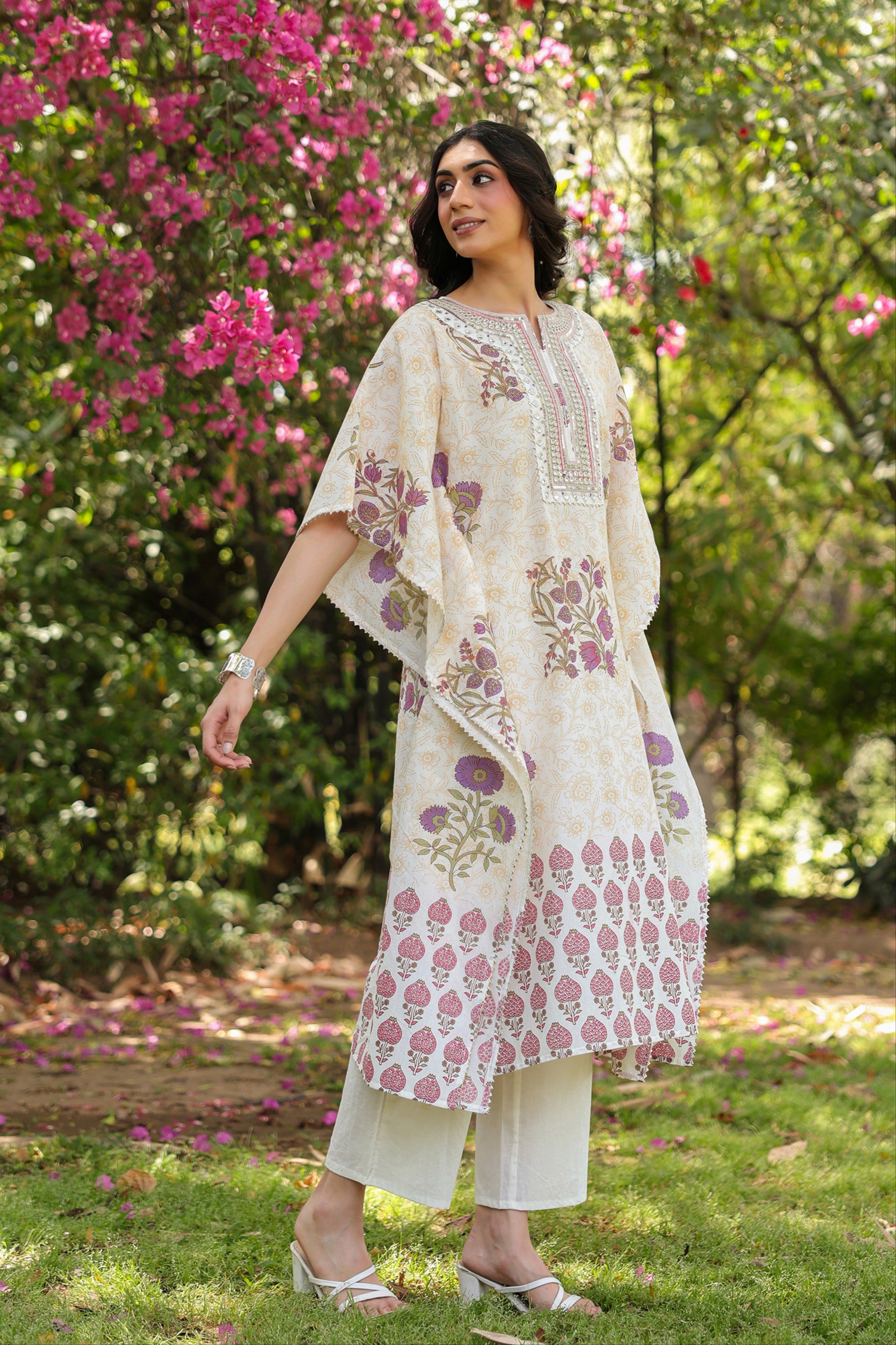 Purple Jaal-Motifs Cotton Block Printed Kaftan Set