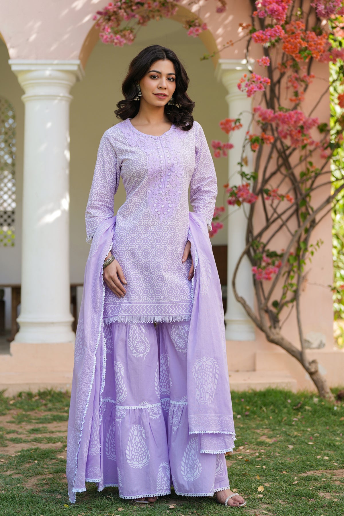 Lavender Cotton Cambric Khari Printed Sharara Set