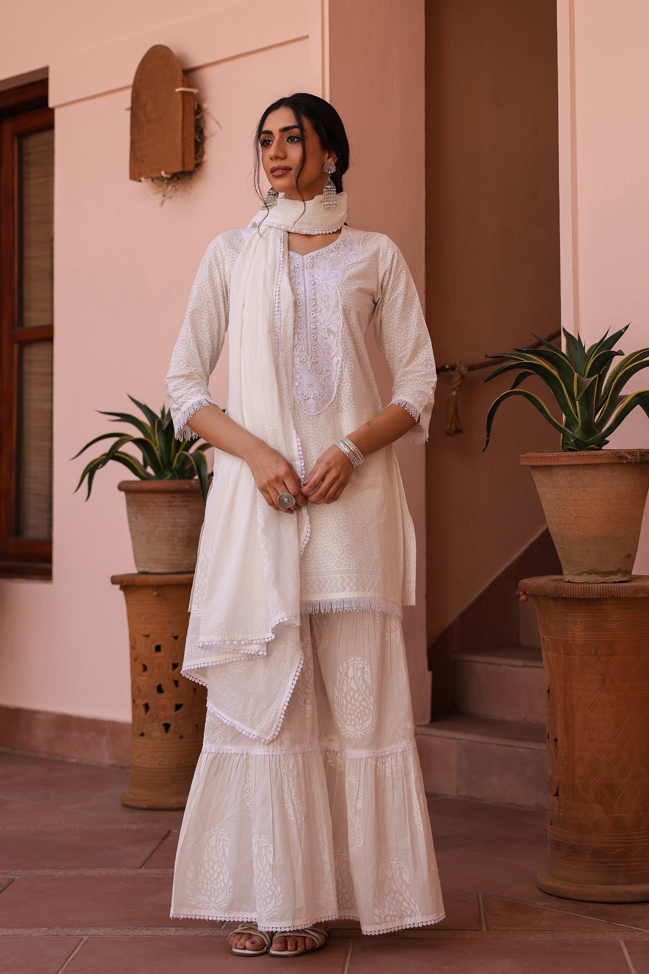 Off-white Cotton Cambric Khari Printed Sharara Set