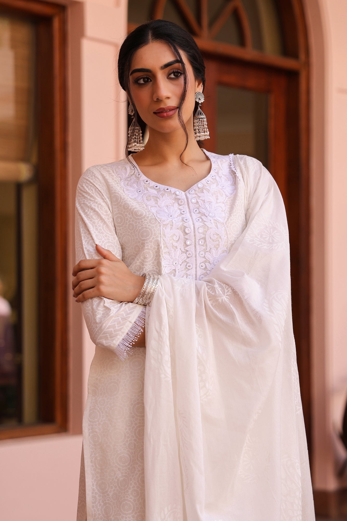 Off-white Cotton Cambric Khari Printed Sharara Set