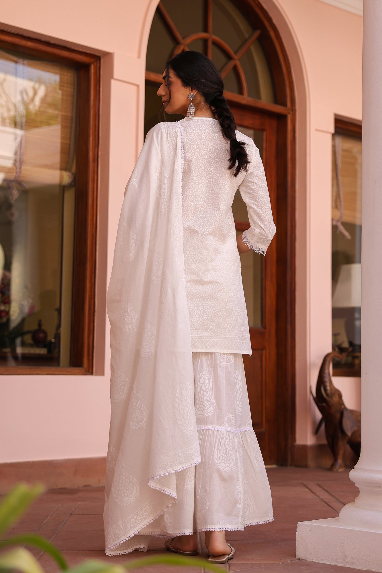 Off-white Cotton Cambric Khari Printed Sharara Set