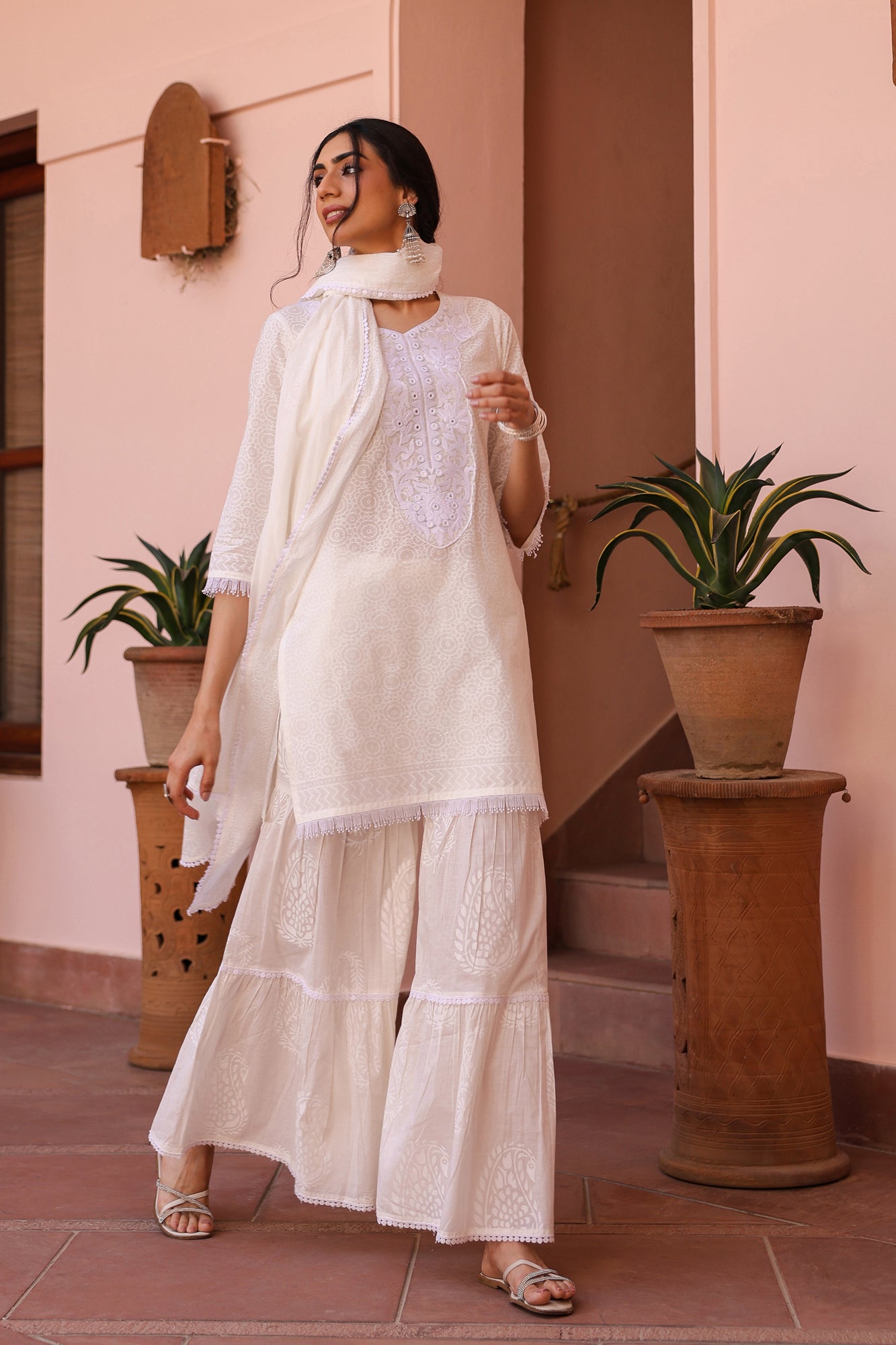 Off-white Cotton Cambric Khari Printed Sharara Set