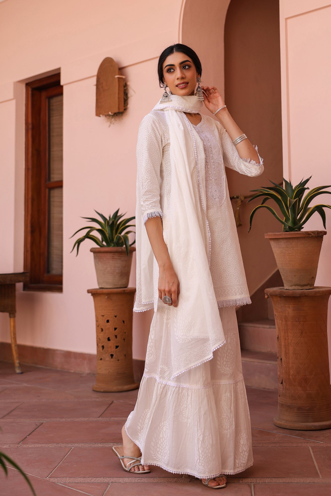Off-white Cotton Cambric Khari Printed Sharara Set