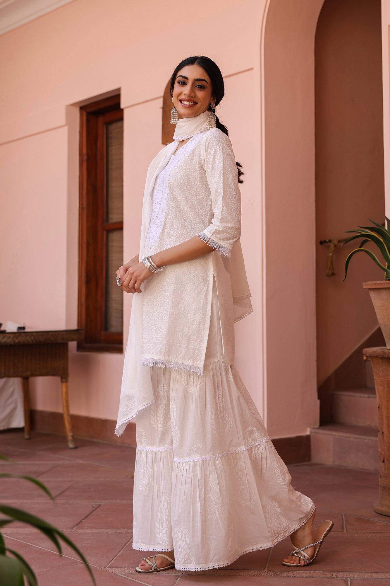 Off-white Cotton Cambric Khari Printed Sharara Set