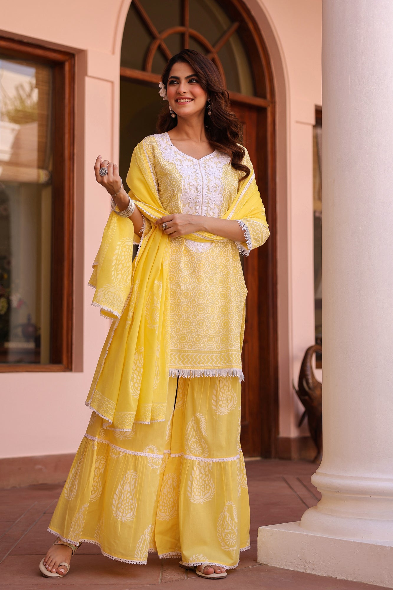 Yellow Cotton Cambric Khari Printed Sharara Set